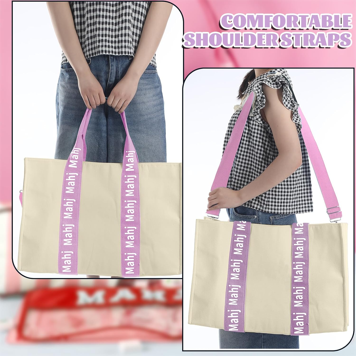 Empty Mahjong Bag for Tiles 22x15x6 Inches Thickened Canvas Mahjong Carrying Tote Bag with Lining and Thicker Handle for Enthusiasts Women or Men Party Supplies, Case Only(White and Purple) image 4