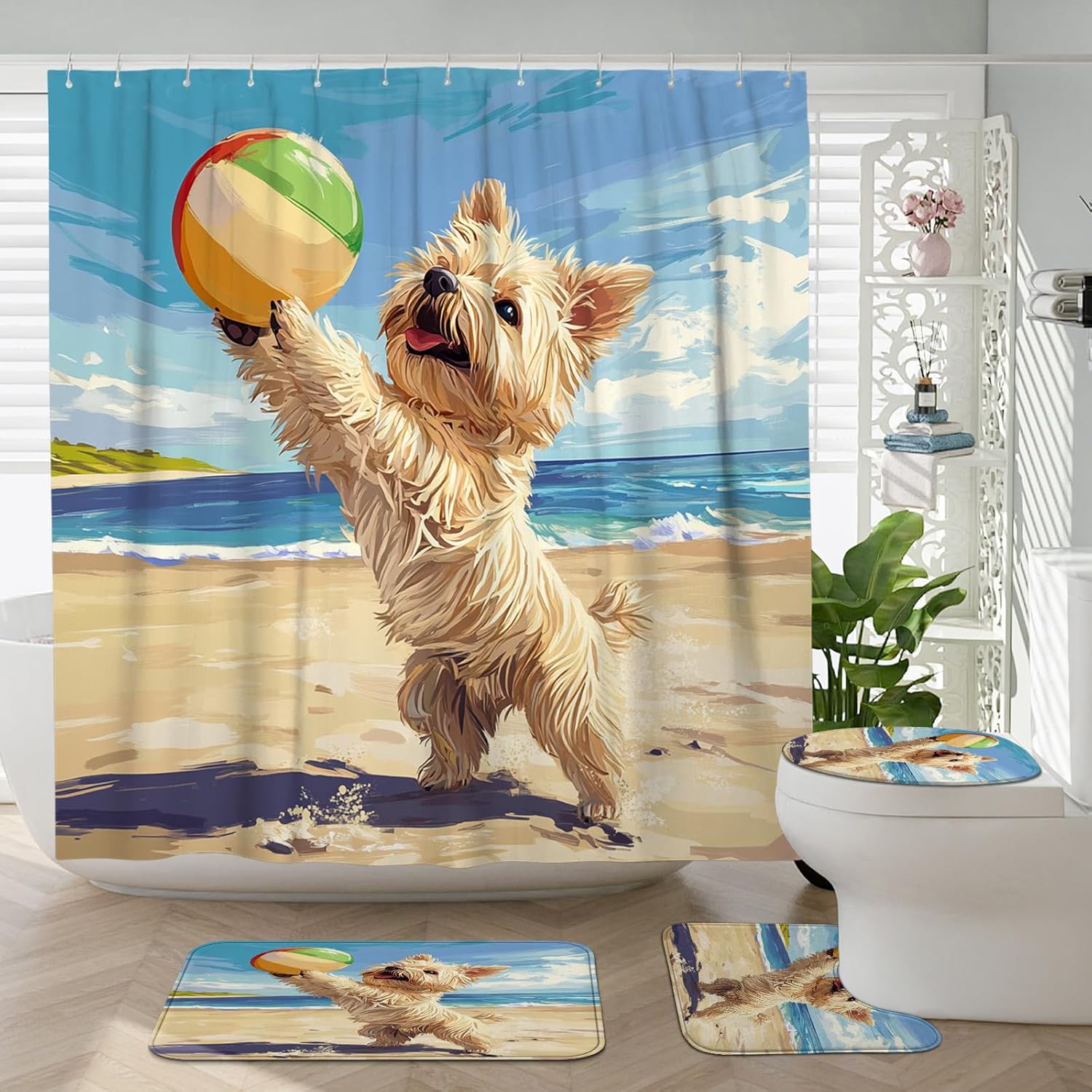4PCS Cairn Terrier Dog Bathroom Accessory Sets with Non-Slip Rug, U Shape and Toilet Lid Cover Mat, Fun Puppy Animal Beach Cartoon Kids Bathroom Decorative-72''x72''