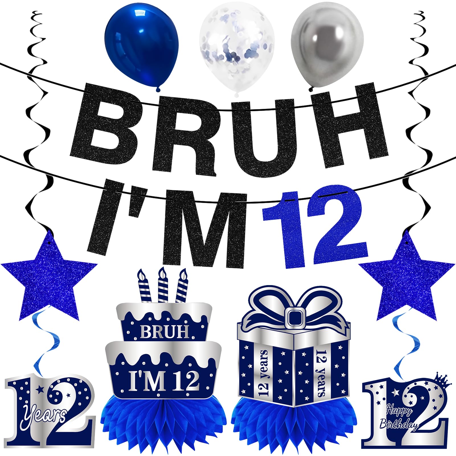 Kuxriox 11 szt. dekoracje na 12. urodziny dla chłopców mężczyzn, niebieski srebrny baner Happy 12th Birthday, Bruh I'm 12 balonów, artykuły imprezowe, baner na dwanaście urodzin, tabliczka na stół