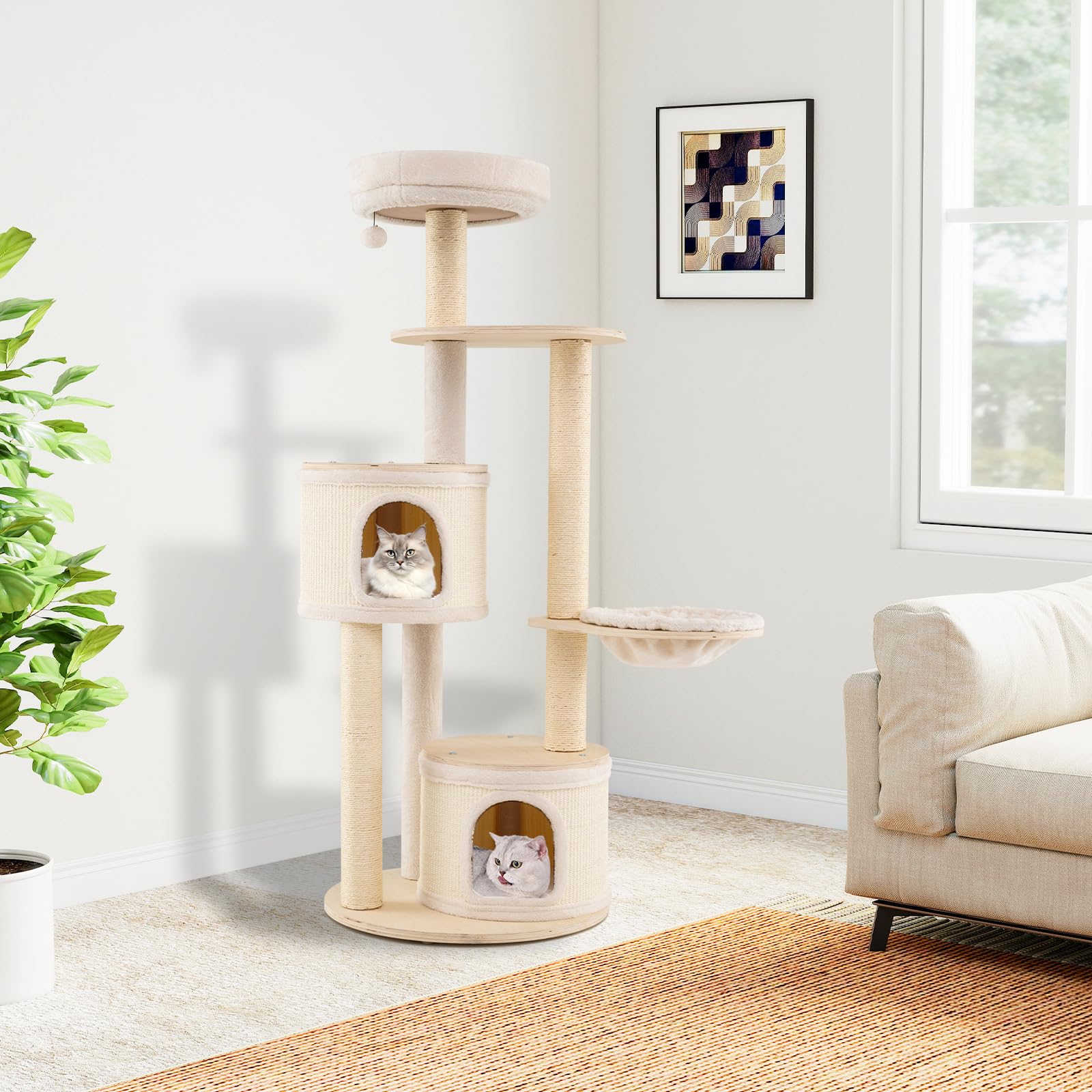 COSTWAY Kratzbaum Groß, Katzenbaum mit 2 Katzenhöhlen, Korb, Sisal-Kratzpfosten, Spielball & Plattform, Katzenkratzbaum Katzen Katzenmöbel, Kletterbaum Aktivitätsbaum, Holz, Natur, 152 cm hoch