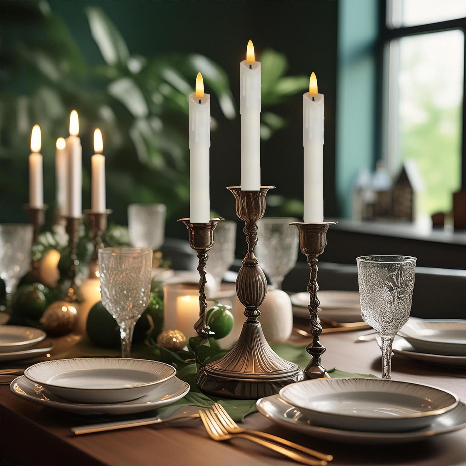 6.7" Short LED Dripping Wax Taper Candles – Antique Gothic Flameless with Flickering Flame, Fits Menorahs, Candelabras & Chandeliers, Battery Operated, Remote Controlled (12-Pack, Ivory)