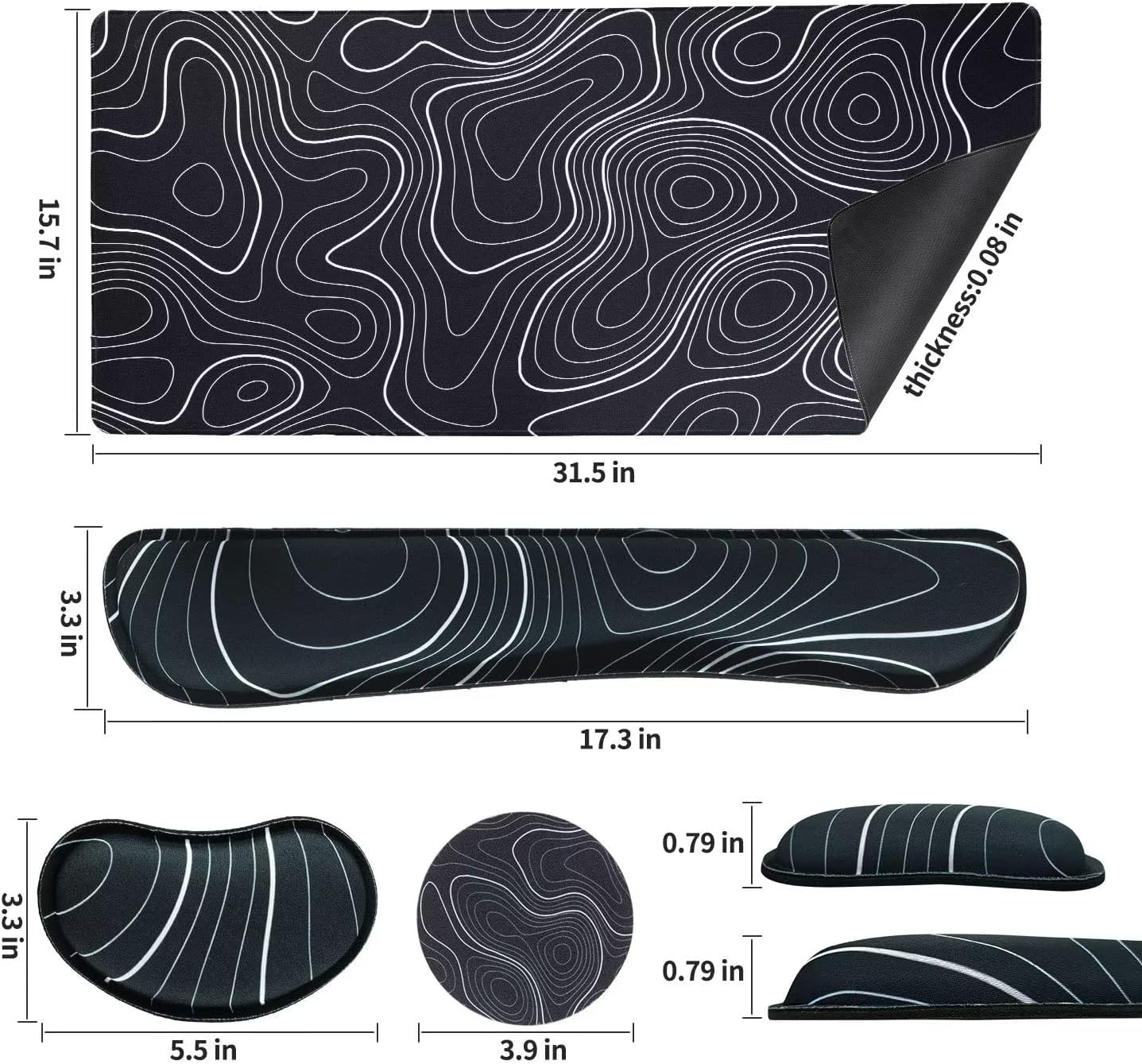 Bloss Mouse Pad with Wrist Rest, 4PCS Desk Mat and Wrist Support for Keyboard, Large Desk Pad, Keyboard Pad for Office Work/Home, Black and White Topography (31.5 x 15.7 Inches)