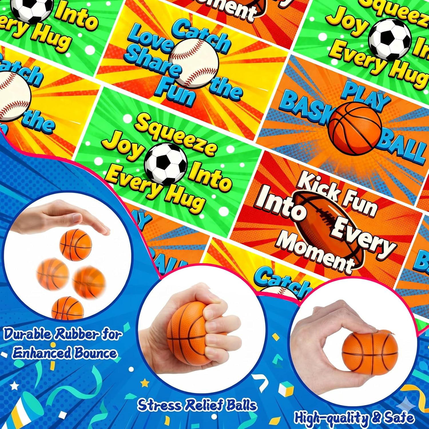24 PCS Stress Balls Party Favor for Kids Goodie Bag Stuffers Squeeze Toys Classroom Prizes Pinata Stuffers Boys Girls Birthday End of Year Gifts Sport Party Foam Bouncy Balls Bulk Small Toys with Card