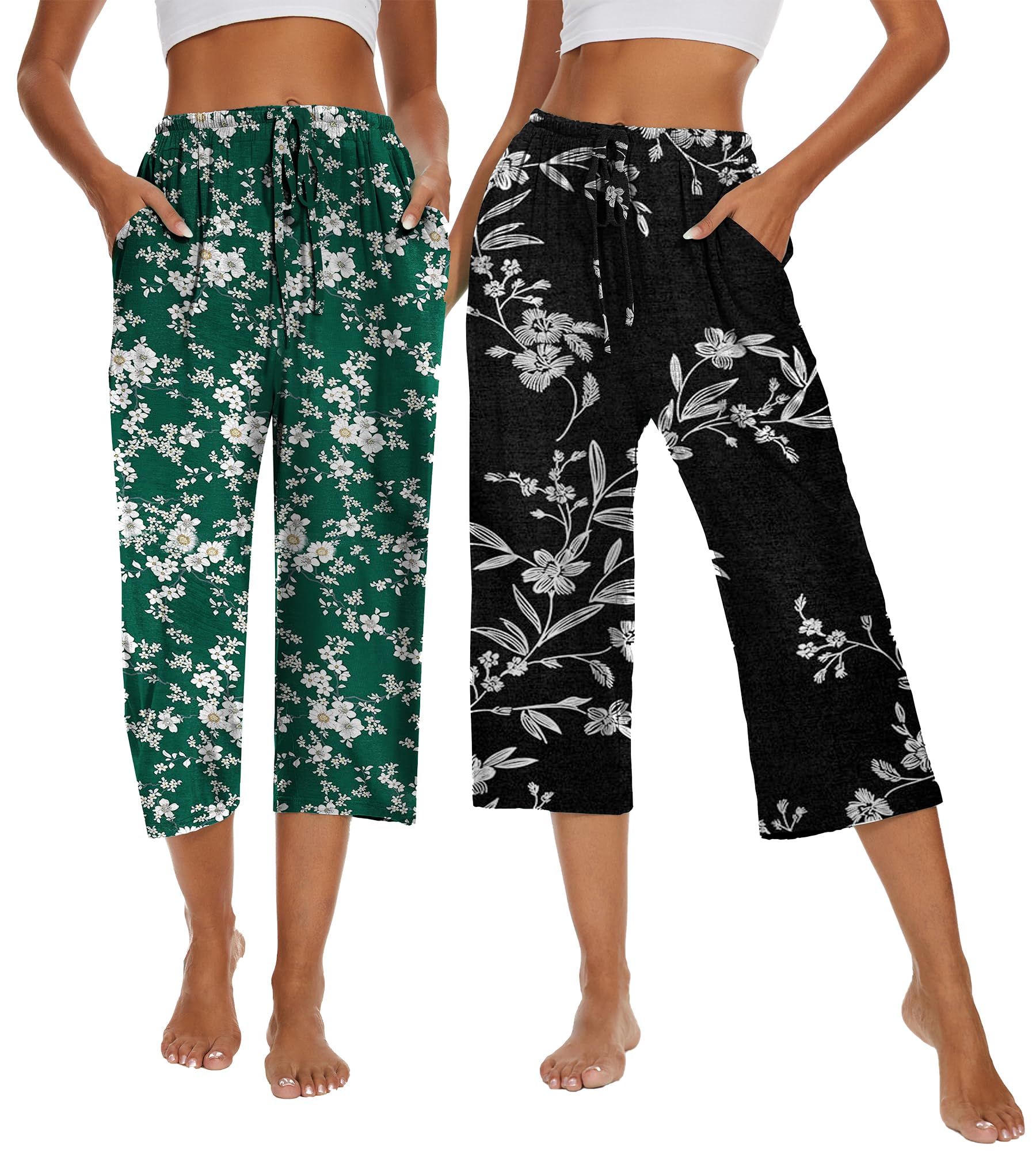 Kabento 2 Pack Womens Pajama Pants Capri Sleep Lounge Pants Drawstring Pj Bottoms with Pockets