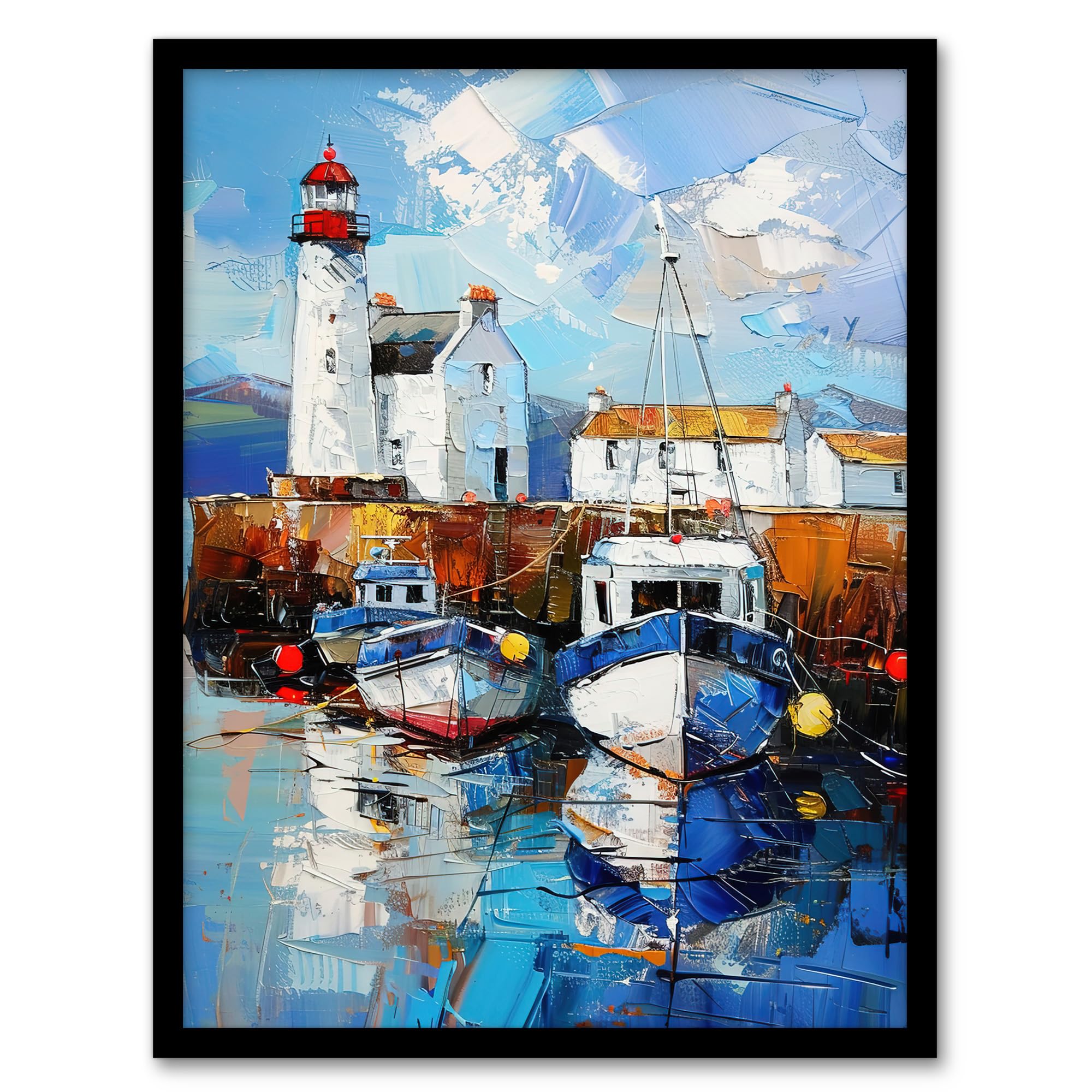 Artery8 Scottish Harbour Oil Painting Lighthouse Rustic Framed Art Print - Blue - A4