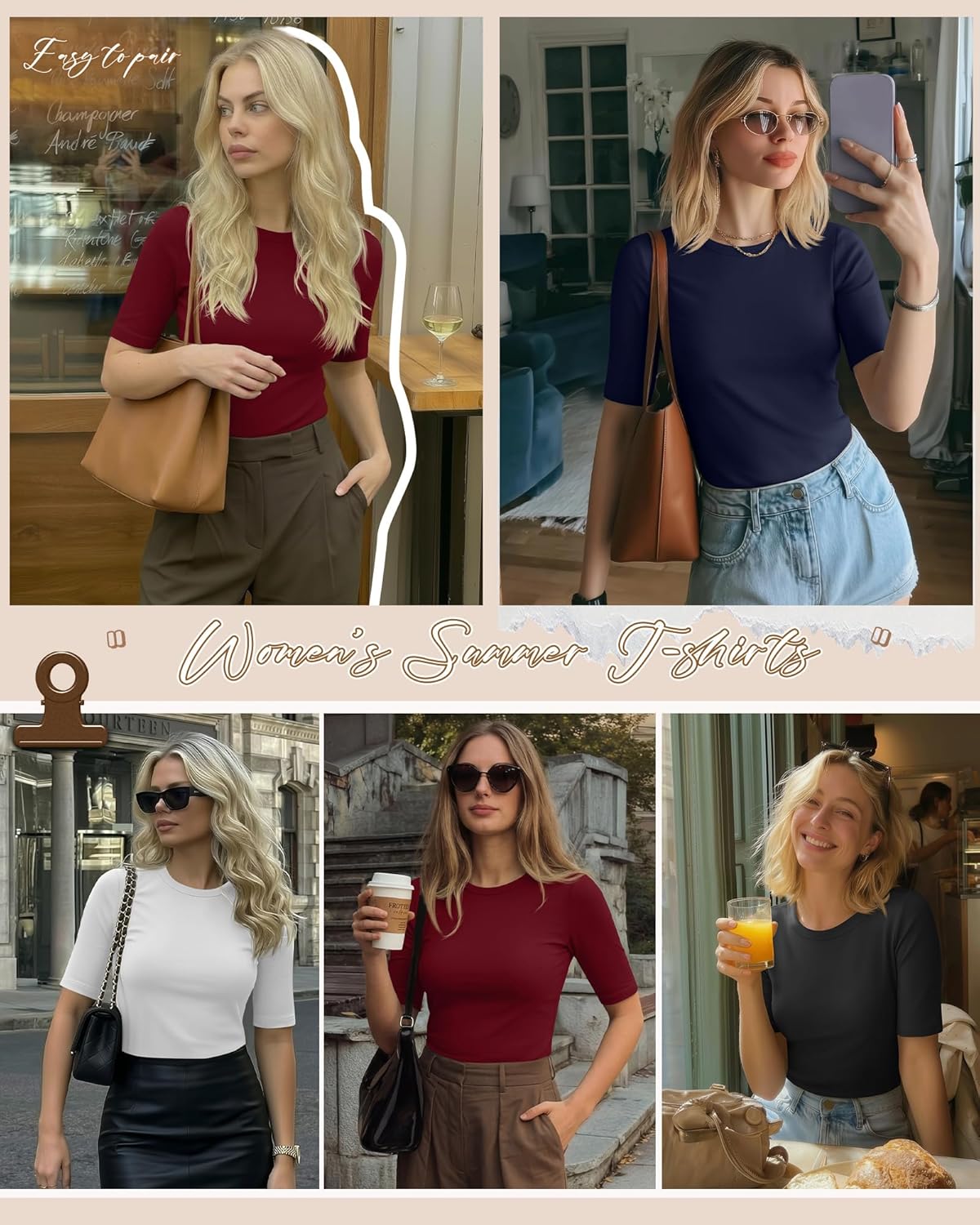 Neer 4 Pack Women's Half Sleeve Tops Elbow Length Slim Fit Crewneck T-Shirts 1/2 Sleeve Casual Summer Basic Tees