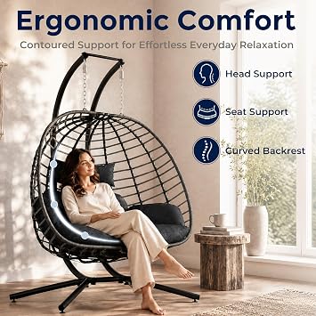 SWITTE Double Egg Swing Chair with Stand, Outdoor Patio 2 Person Hanging Wicker Hammock Chairs with Cushion for Indoor Bedroom, Lawn, Garden-Dark Grey