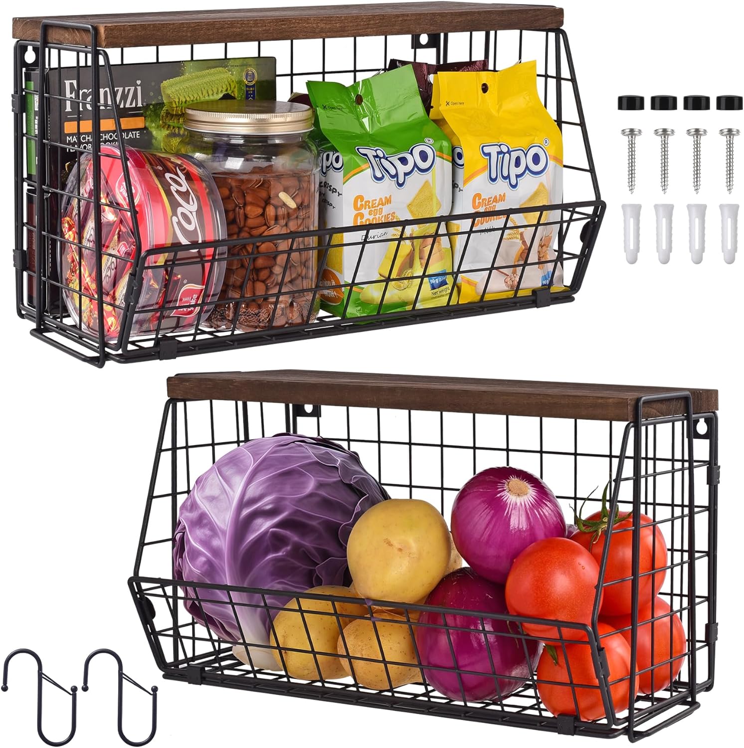Wall Storage Hanging Baskets 2 PACK - Wooden Top Wire Basket Organizers & S Hooks - Assemble Floating Shelf Racks for Pantry Kitchen Office Bathroom Garage Organization (Extra Large)