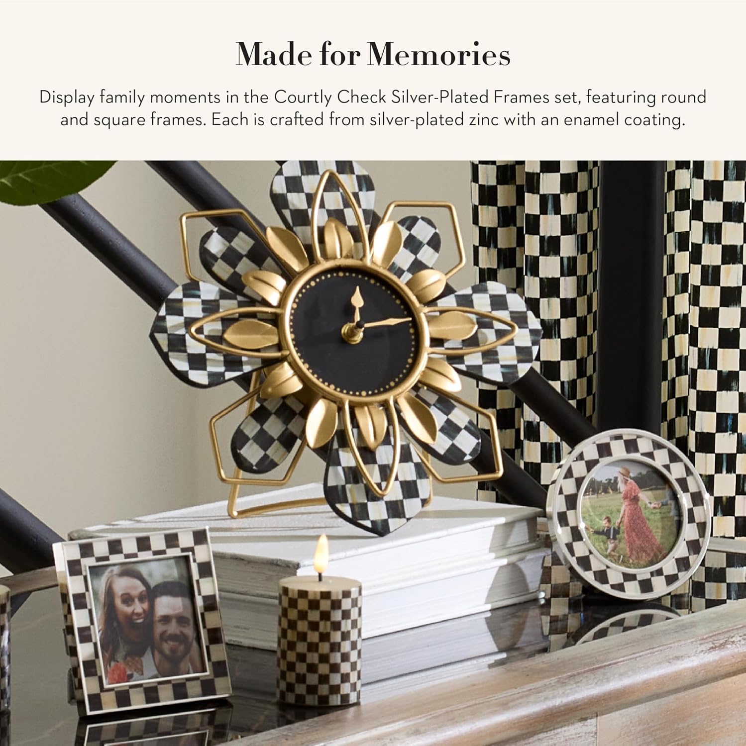 MACKENZIE-CHILDS Set of 2 Silver-Plated Photo Frames, Cute Family Picture Frames, Black-and-White Courtly Check