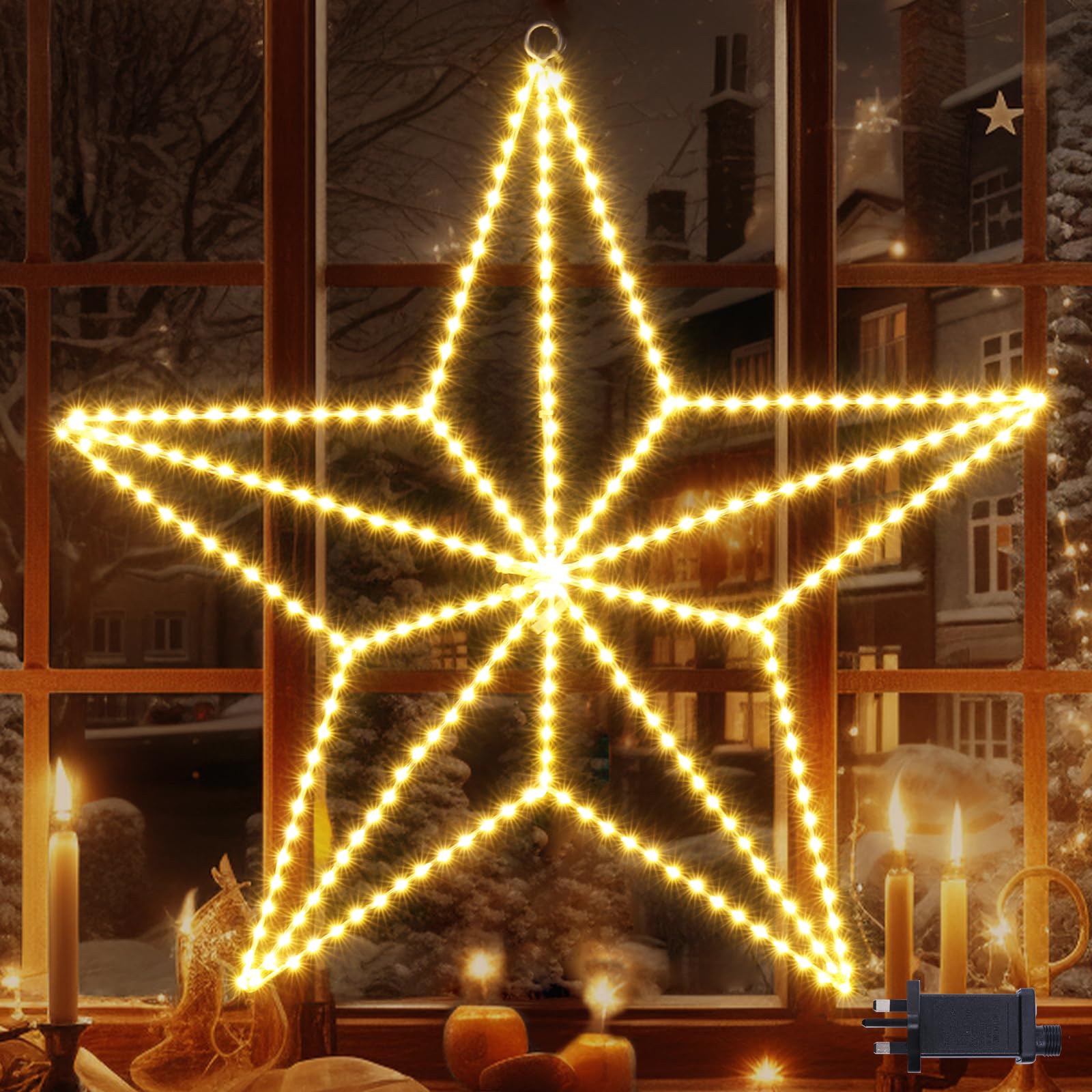 Quntis 50CM 3D Christmas Star Window Lights Mains Powered, 282 LEDs Super Bright Large Xmas Window Decorations Lights for Indoor Outdoor Shop Door Party, Warm White