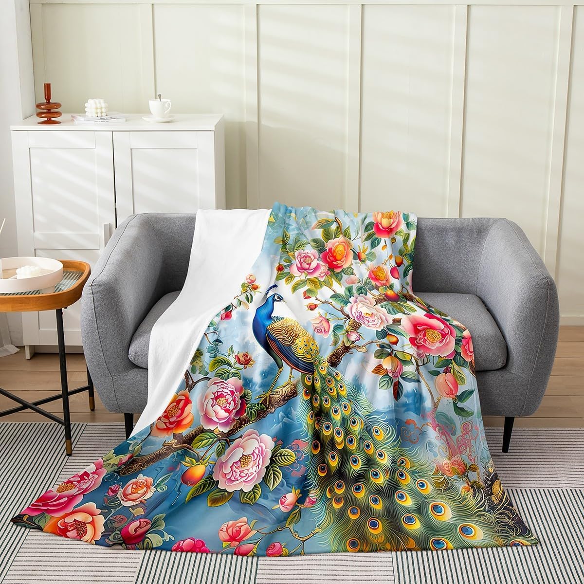 Feelyou Peacock Print Plush Throw Blanket, for Sofa Couch Girls Boys Kids Queen 90"x90" Peacock Animals Flannel Fleece Blanket Room Decor Garden Theme Nature All Season,Bed Blanket Botanical Floral