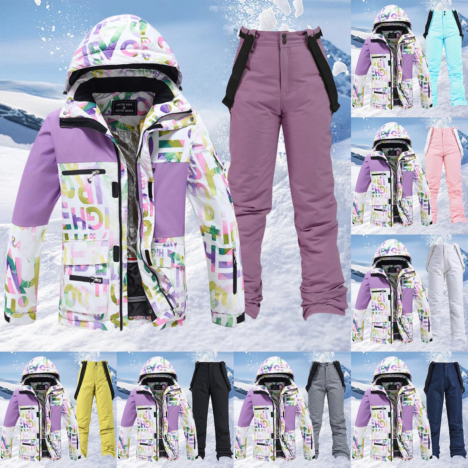 Tuta da sci per uomo e donna, set da 2 pezzi, tuta da neve, giacca da neve, traspirante, antivento, con cappuccio, per sci, snowboard