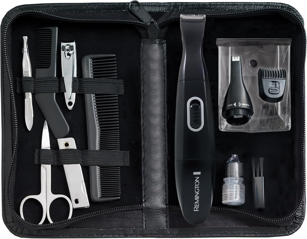 Precision Grooming Travel Kit, Black, 15 Piece Set for Beard | Detail Trimmer with 8 Lengths, 5-Length Adjustable Comb, Battery Powered, Includes Nail Clippers, Tweezers, Lint Brush