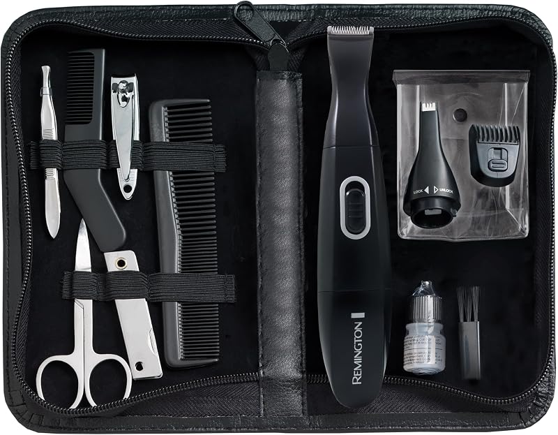 Precision Grooming Travel Kit, Black, 15 Piece Set for Beard | Detail Trimmer with 8 Lengths, 5-Length Adjustable Comb, Battery Powered, Includes Nail Clippers, Tweezers, Lint Brush