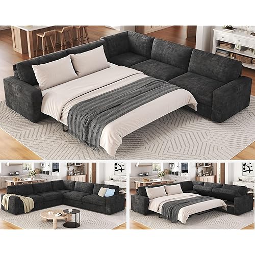 AMERLIFE 106" Oversized Sofa Bed, Sectional Sleeper Sofa with Pull Out Bed, 3 in 1 Convertible Sofa Bed, L Shaped Couch with Storage, High Resilience Mattress, Linen Grey