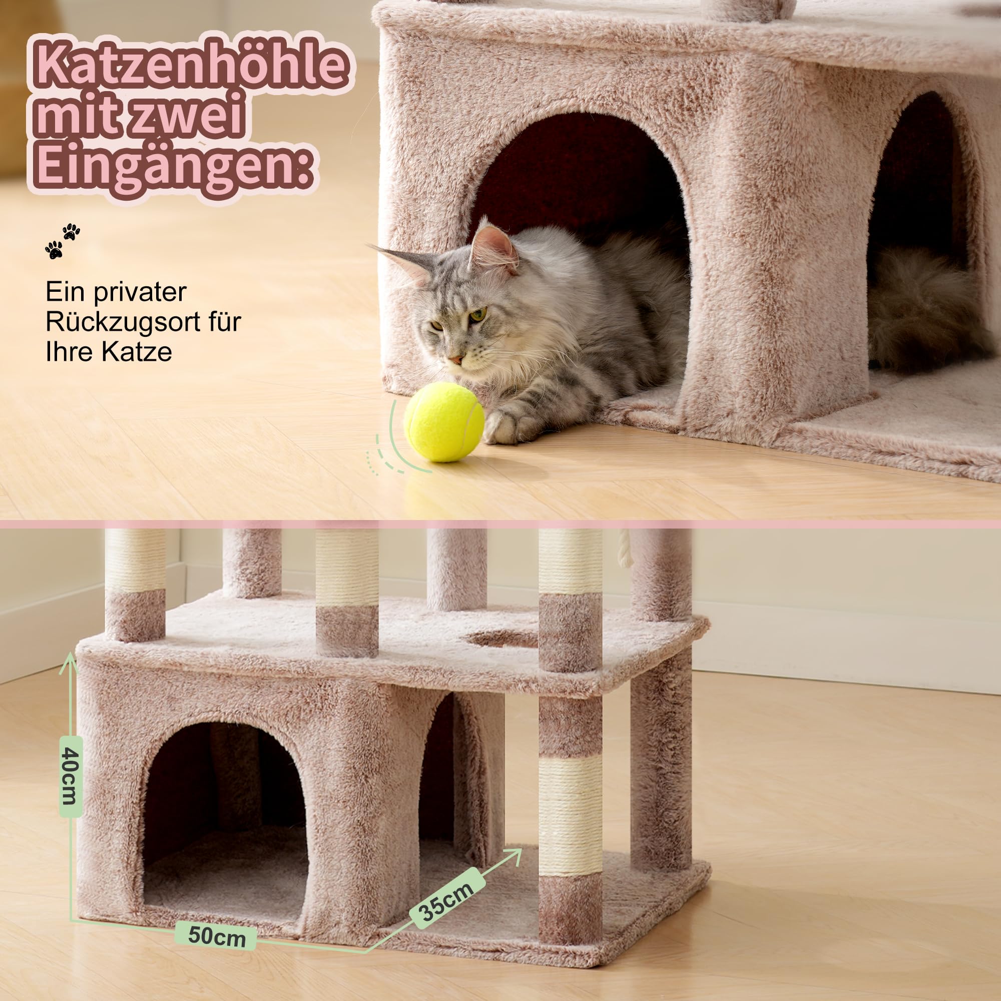 Heybly Kratzbaum, 180 cm Kratzbaum Groß mit extrem Stabiler Basis, XL-Plattform, großes Katzenhaus, 2 Hängematten, mehrstöckige Katzenmöbel für Maine Coon und andere Großkatzen, Braun-beige HCT037MU