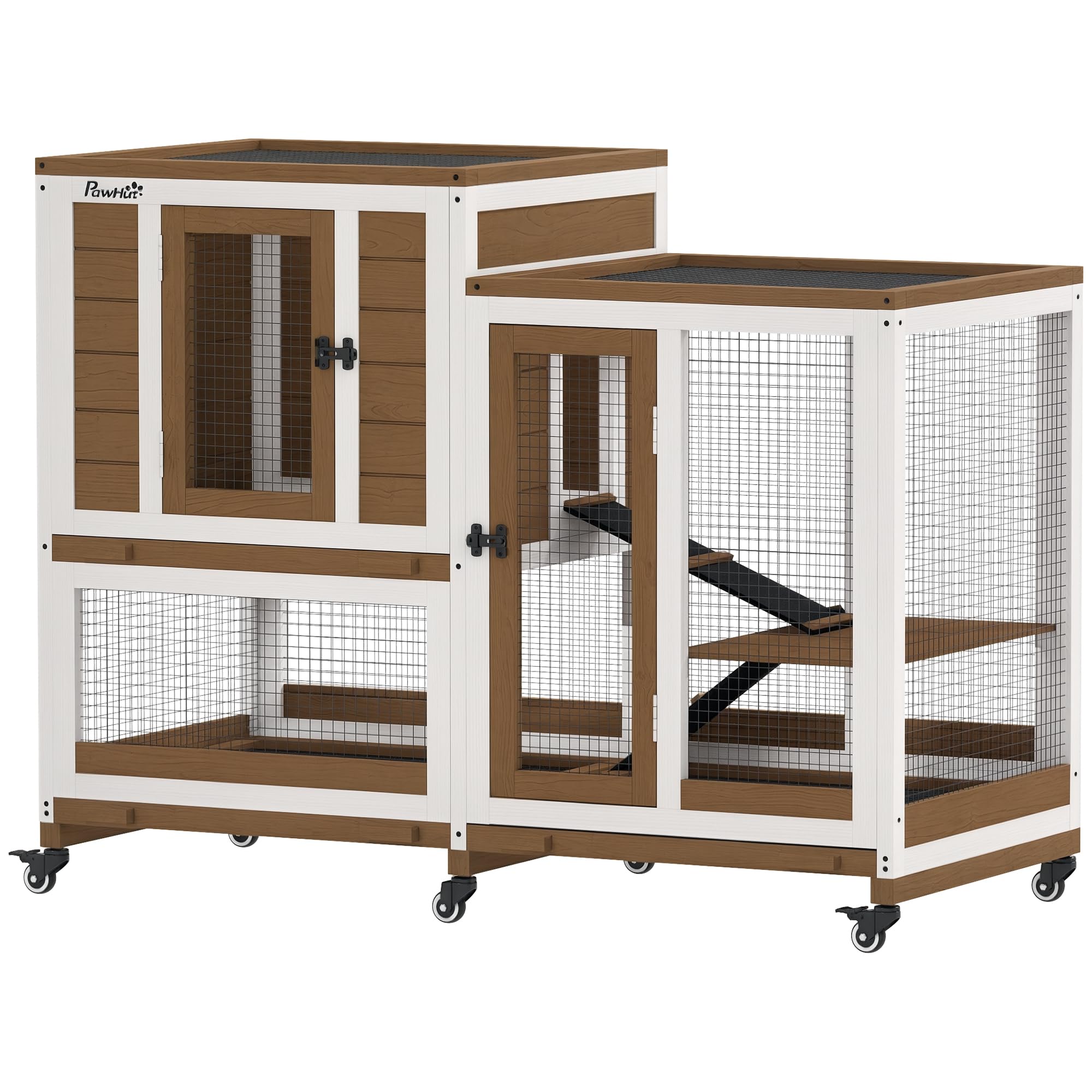 PawHut Clapier Lapin intérieur en Bois, Design de Luxe, 110 x 50 x 86 cm - Cage à 3 Niveaux avec 3 Plateaux Amovibles - enclos spacieux sur roulettes pour Lapin Nain, Cochon d'Inde, Marron