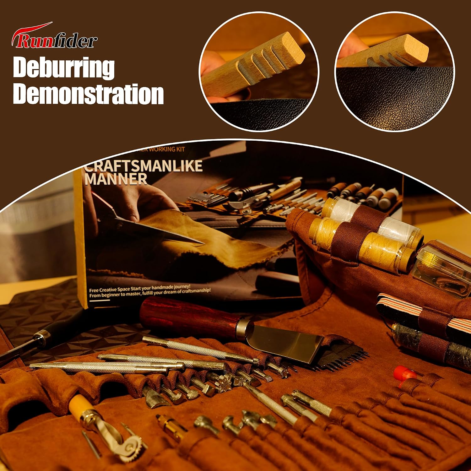 Runfider Leather Working Tool Set 72PCS Professional Leather Craft Tools Kit for Beginners with Carving Cutting Punching Sewing & Stamping Tools Leatherworking Kit for Handicraft DIY