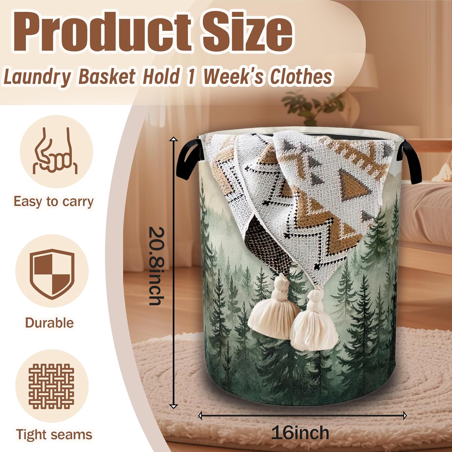 Misty Forest Landscape Laundry Basket,Waterproof Foldable Laundry Hamper,Dirty Clothes Basket, Linen Bin Storage Organizer Collection 16" x 20.8"