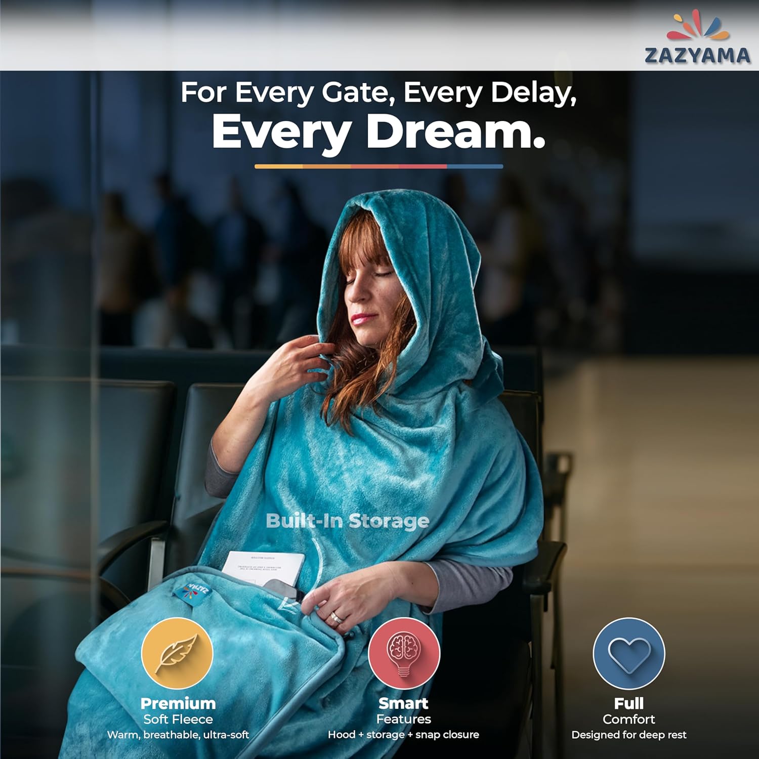 3-in-1 Travel Blanket Airplane – Compact with Bag & Pillow Combo Set, Ultra-Soft Fleece | Packable Blanket Compact | Hidden Pocket | Trolley Sleeve | Carabiner | Travel Essentials (Aqua Teal) - Image 3