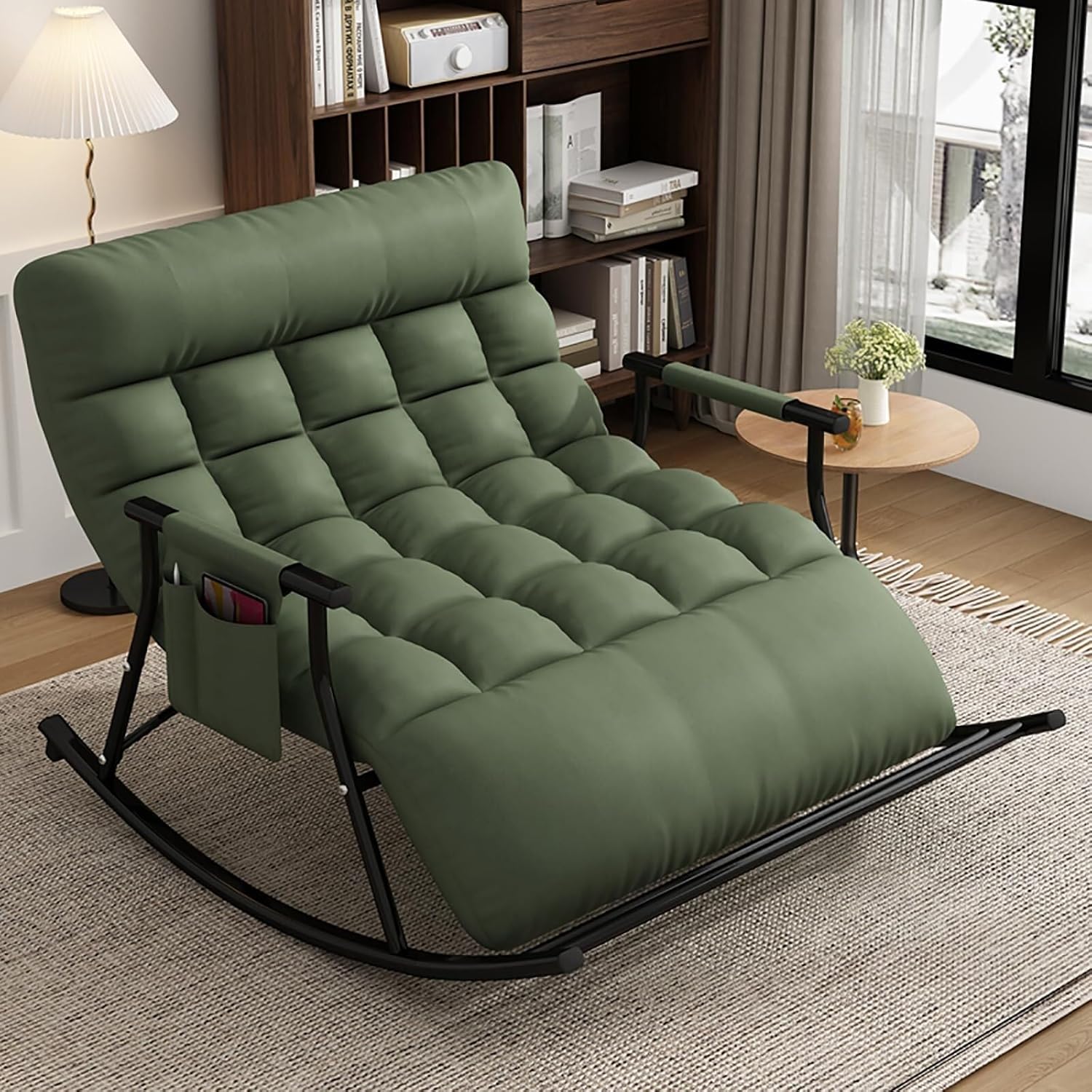 Double Bedroom Modern Outdoor Rocking Recliner Chair with Side Pockets, Armrests, Adjustable Backrest & Footrest, Relax Rocking Chair