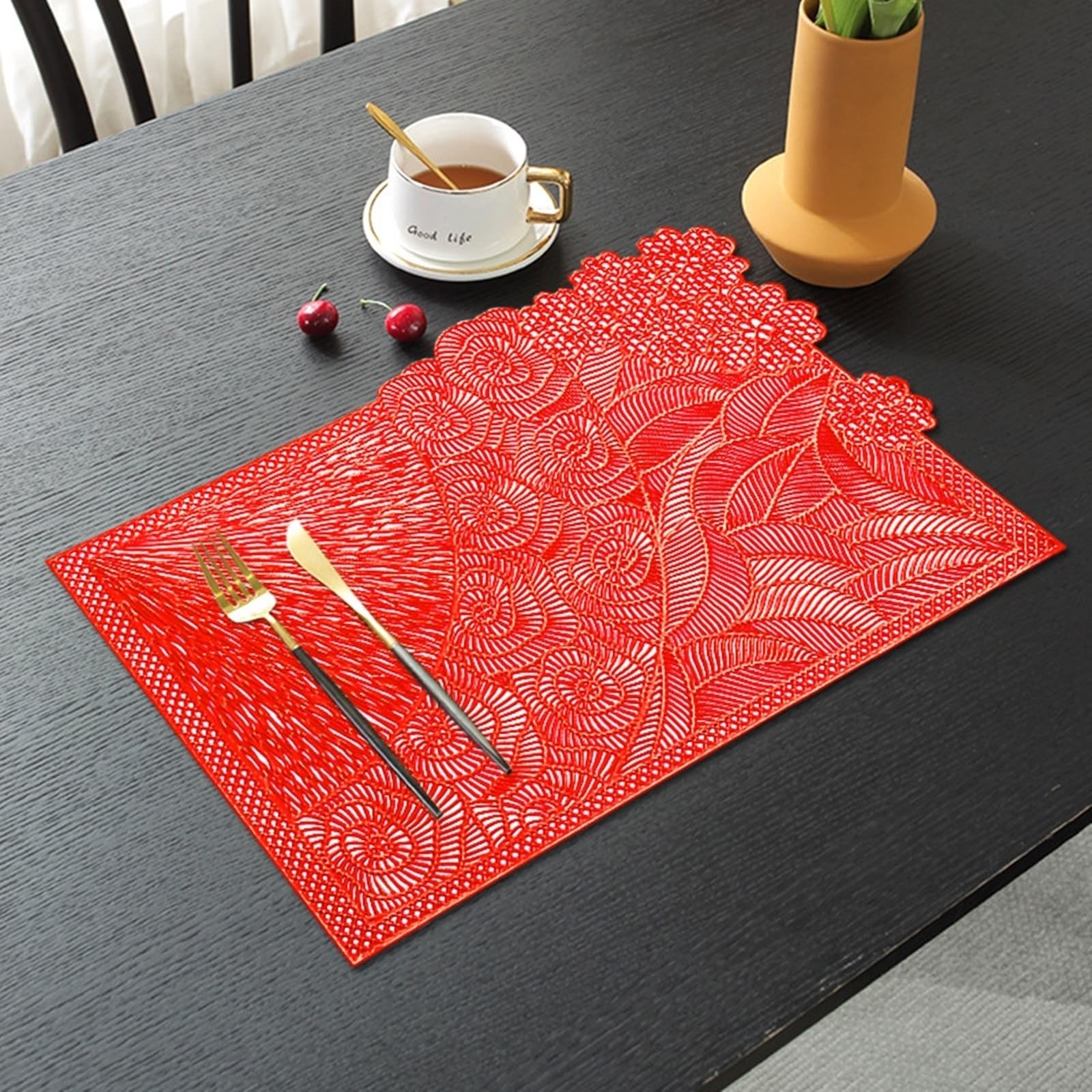 Placemat zestaw 6 podkładek na stół czerwone luksusowe puste płatki kwiatów 30 x 45 cm do kuchni i jadalni