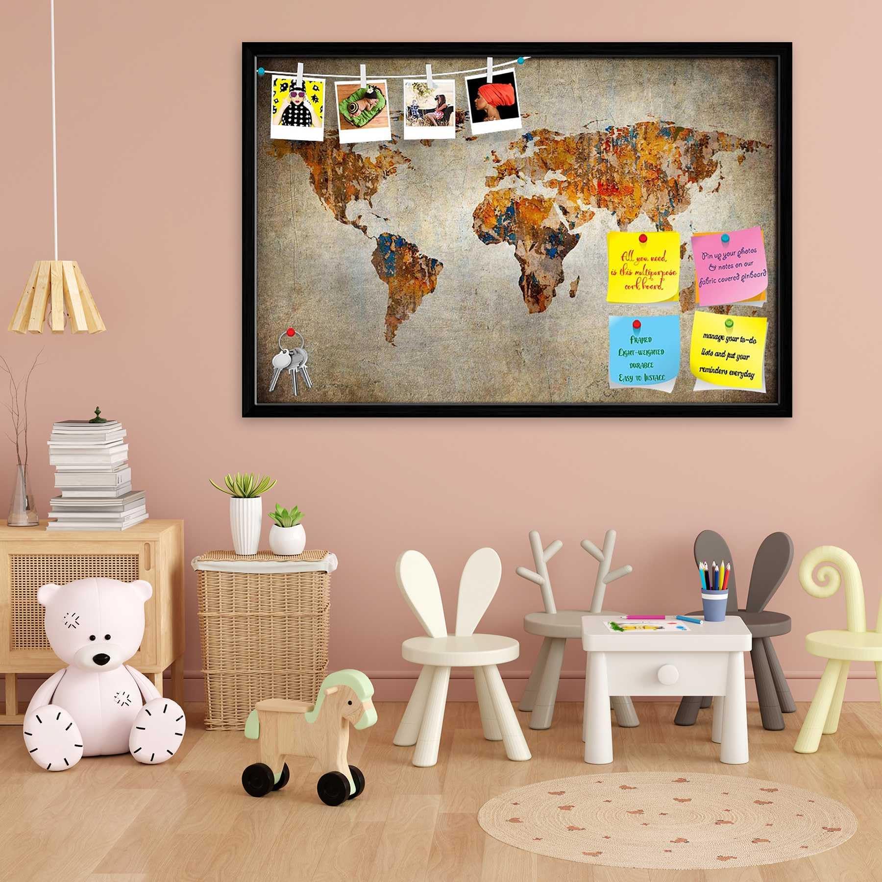 ArtzFolio Grunge Map of the World | Bulletin Board Notice Pin Board | Vision Soft Board Combo with Thumb Push Pins & Sticky Notes | Black Frame | 17.6 x 12 inch (45 x 30 cms)