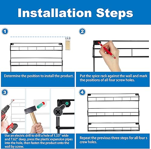 Miniatura 5 de SUFAUY Estante de especias montado en la pared, estante de metal resistente de 6 niveles para despensa de cocina, color negro