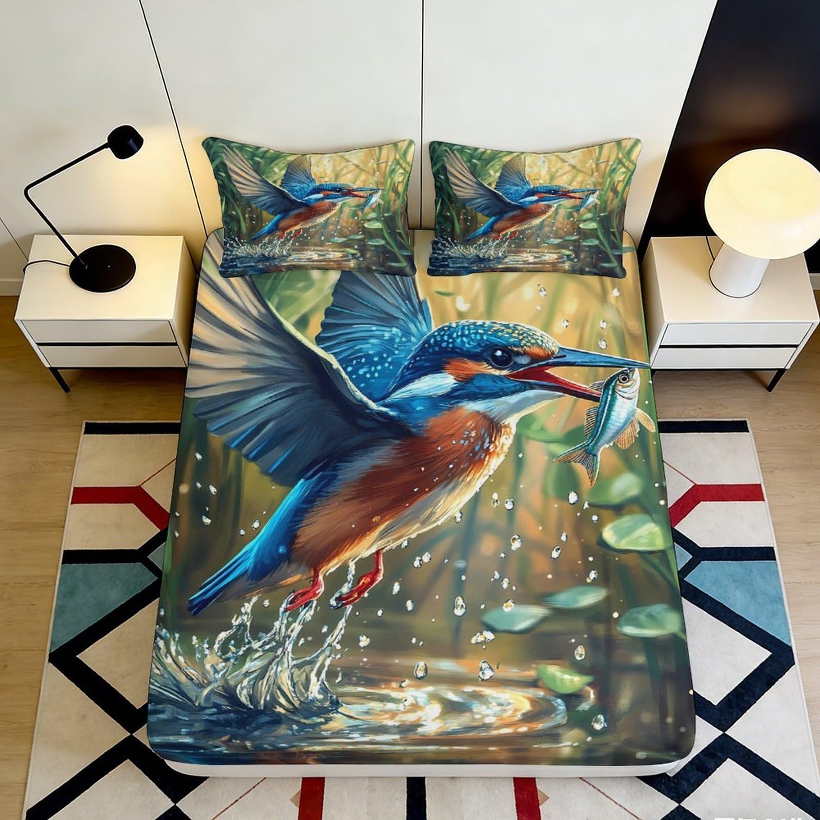 3D Printed Kingfisher Bird Fitted Sheet Microfiber Waterproof Artistic Fish River Mattress Cover for Bedroom Guest Room Decor 180x200x25cm