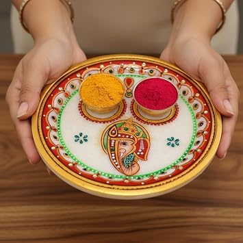LOVENSPIRE Indian White Marble Pooja Thali Set Ganesha Haldi Kumkum Holder Return Gift Housewarming Roli Chawal Platter Hindu Mandir Decor 6 Inches