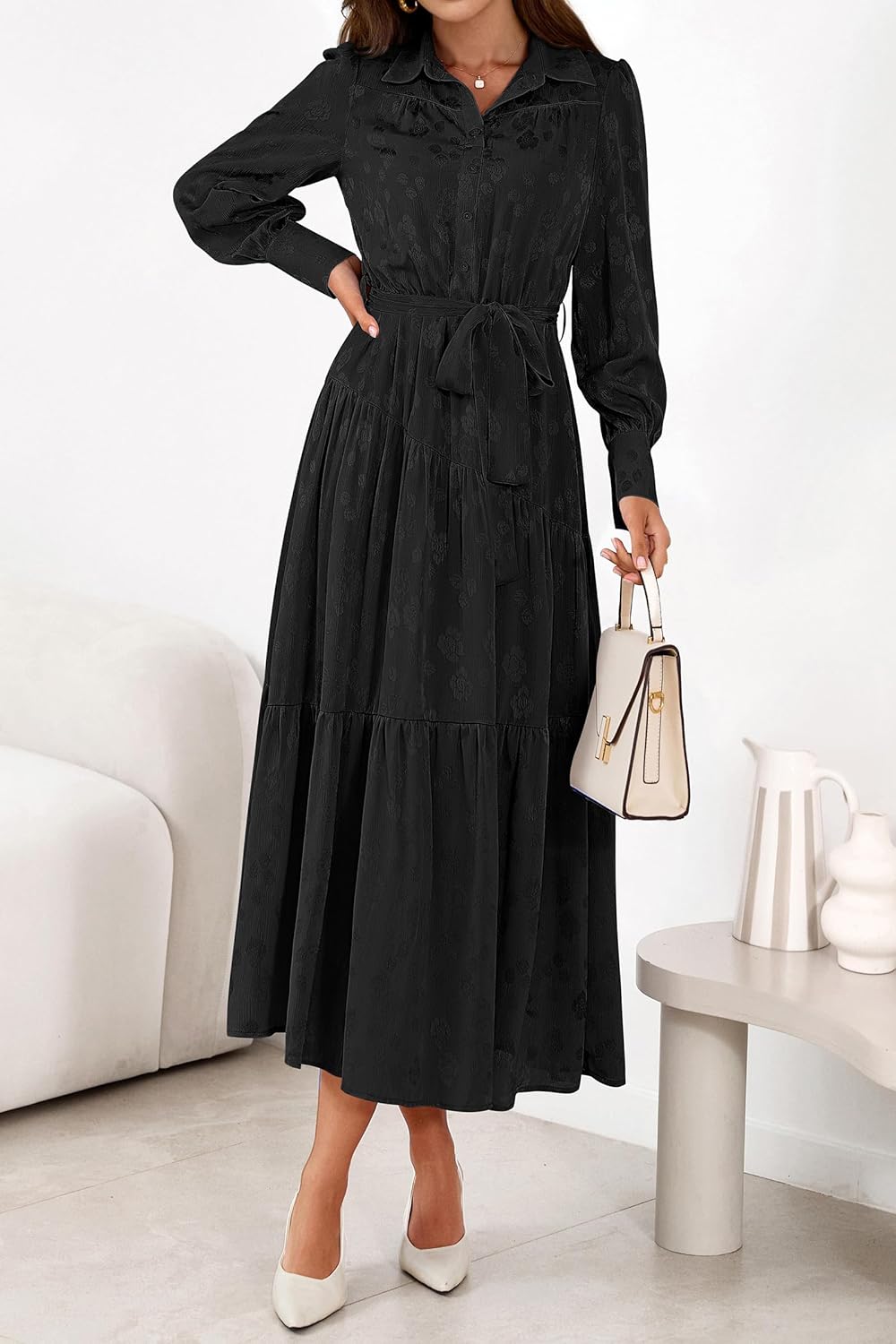 dowerme Women's Casual Dresses 2025 Fall Fashion Long Sleeve Button Up Floral Print Belted Tiered Boho Maxi Party Dress - Image 3