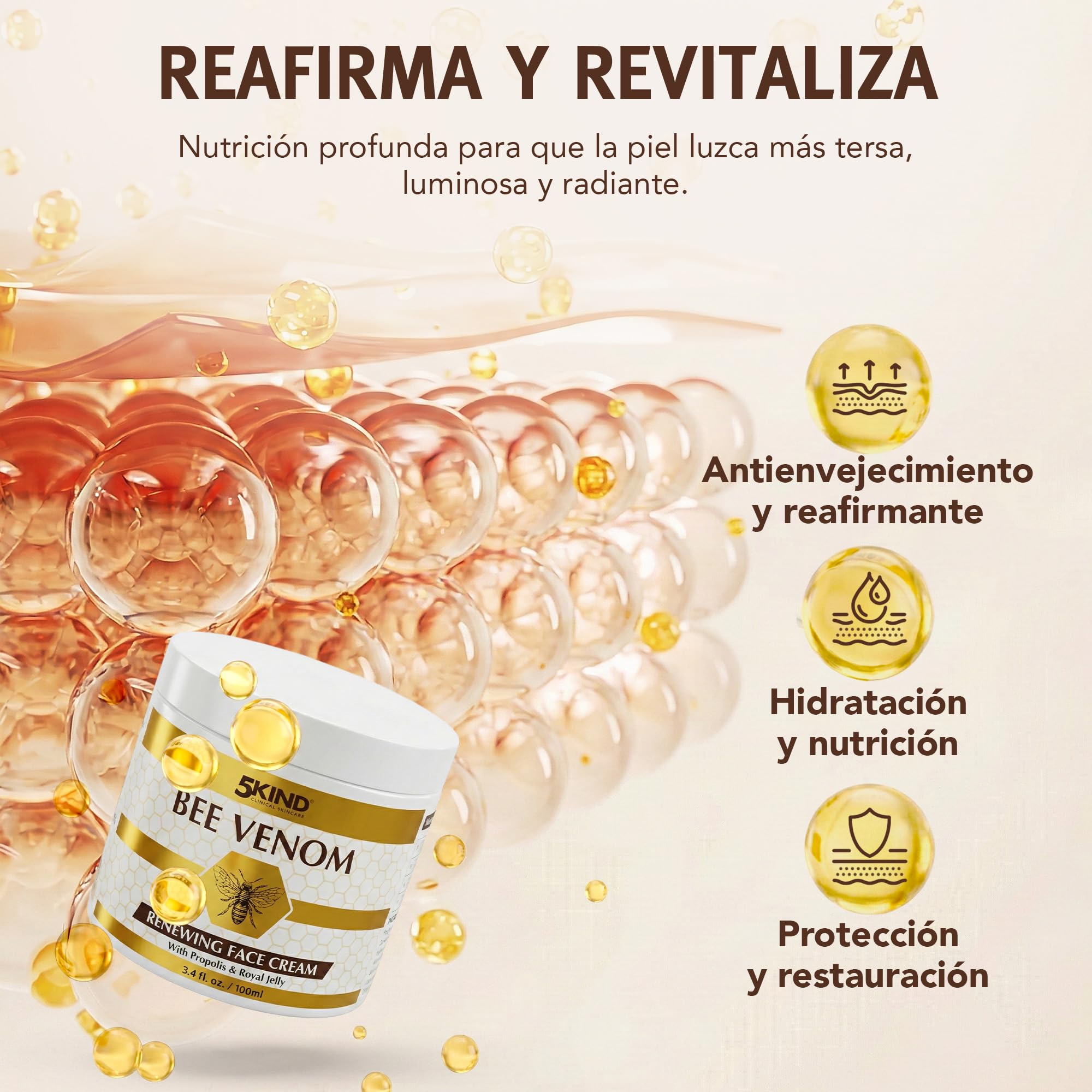 5Kind Crema Facial Renovadora con Veneno de Abeja, Propóleo y Jalea Real 100 ml - Crema Facial Antienvejecimiento con Veneno de Abeja - Crema Antiarrugas con Veneno de Abeja - Bee Venom Cream