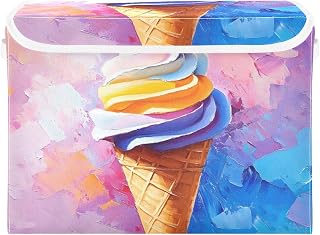 Large Storage Bins Cute Ice Cream Art with Linen Foldable Storage Box Fabric Closet Organizer Containers Cubes with Flip-Top Lid for Home Office 16.5” x 12.6” x 11.8”