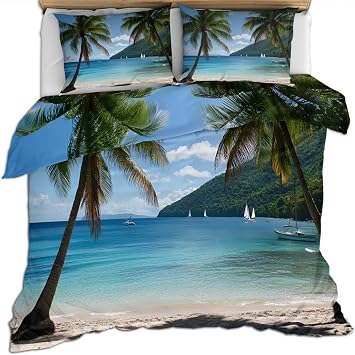 Coastal Duvet Cover Set, Hawaii Beach Comforter Set, Tropical Palm Trees Bedding Set, Soft Breathable with Zipper Closure Duvet Cover King 3 Pieces 104x90, 2 Pillow Shams