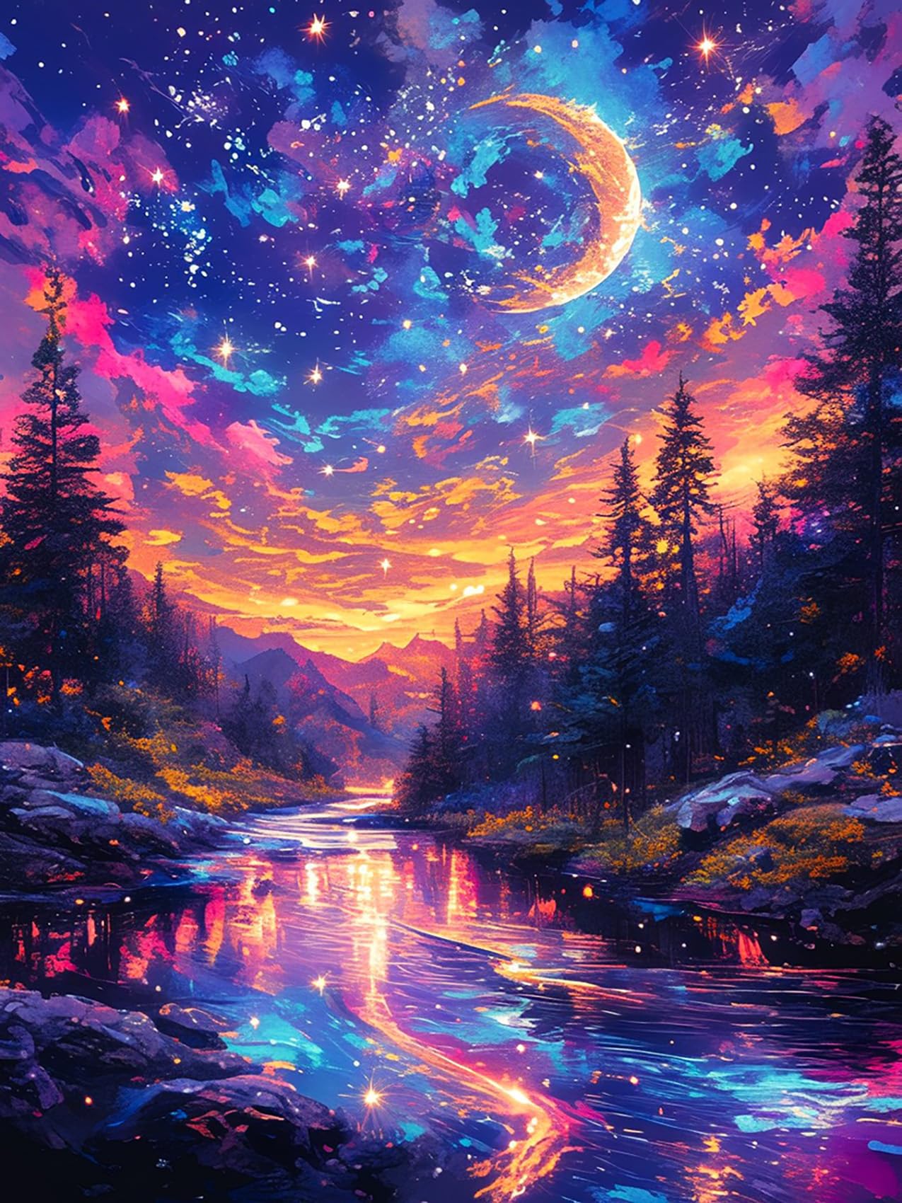 Reofrey DIY Diamond Art Kits for Adults Starry River, Full Drill Round Rhinestone Diamond Painting Kits for Adults, Cross Stitch Embroidery Canvas for Crafts Home Wall Decor 30x40cm