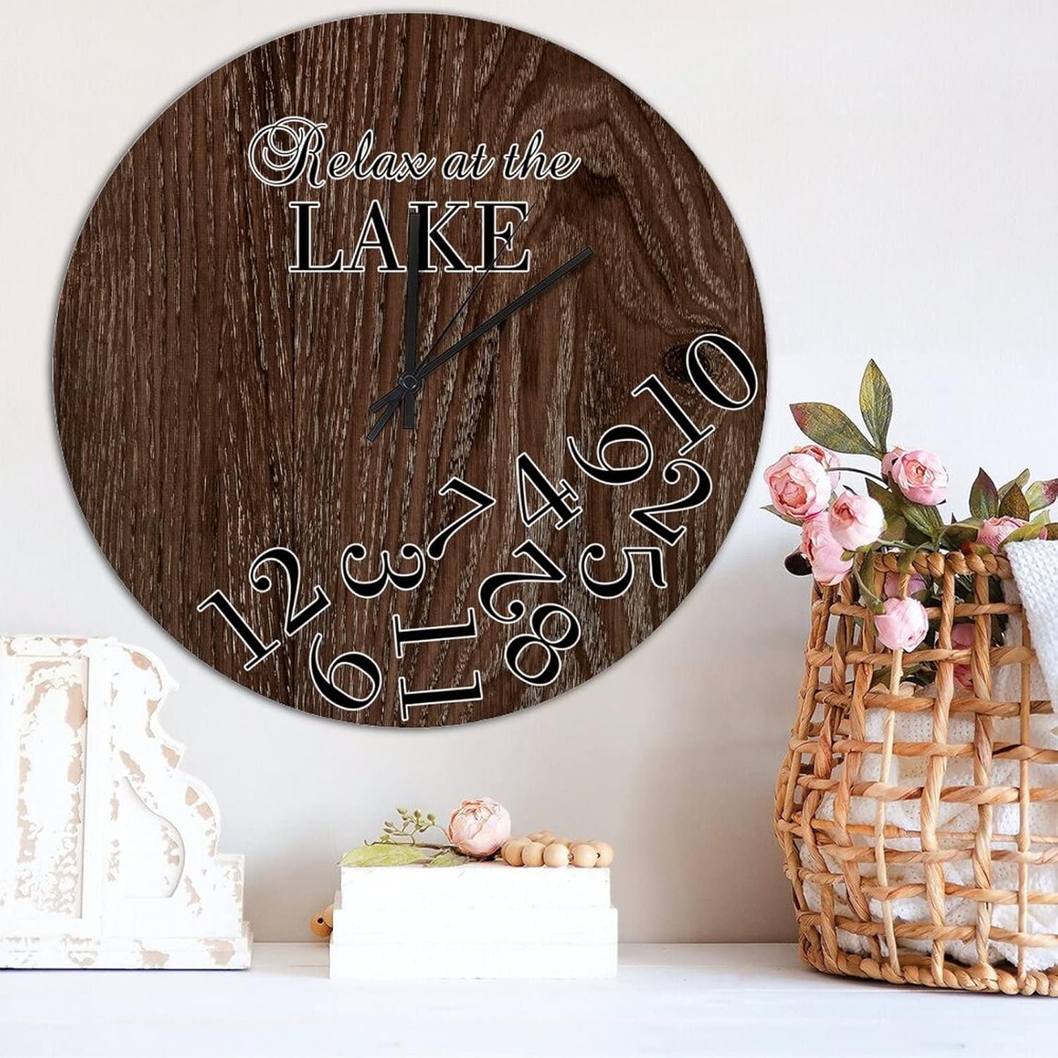 Wood Clock for Wall Decor,Wood Grain Relax at The Lake Retro Silent Non-Ticking Battery Operated Wall Clock Rustic Wooden Clock 15 Inch Wall Art Housewarming Gifts