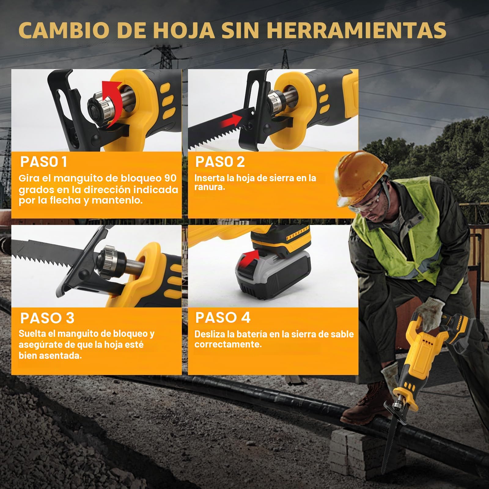 Roadtime Sierra Sable Inalámbrica para DeWalt 20 V baterías (sin batería) | motor sin escobillas 0-3200 RPM Sierra Electrica de Velocidad Variable, con 8 Cuchillas para Cortar PVC/Madera/Metal