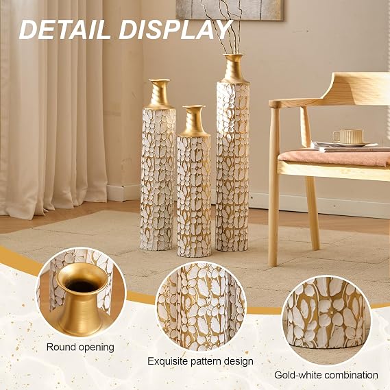 Floor Vases Decorative Tall - 24/28/32.3in Metal Extra Large Decorative Vase Set of 3, White & Gold Tall Floor Vase for Home Decor, Living Room Entryway Decor Dining Bedroom Home Corner Indoor Office