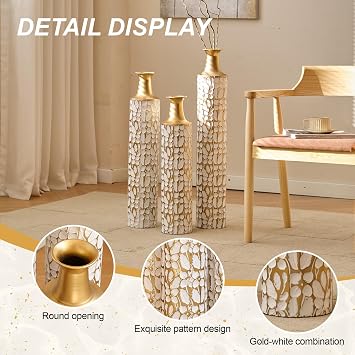 Floor Vases Decorative Tall - 24/28/32.3in Metal Extra Large Decorative Vase Set of 3, White & Gold Tall Floor Vase for Home Decor, Living Room Entryway Decor Dining Bedroom Home Corner Indoor Office