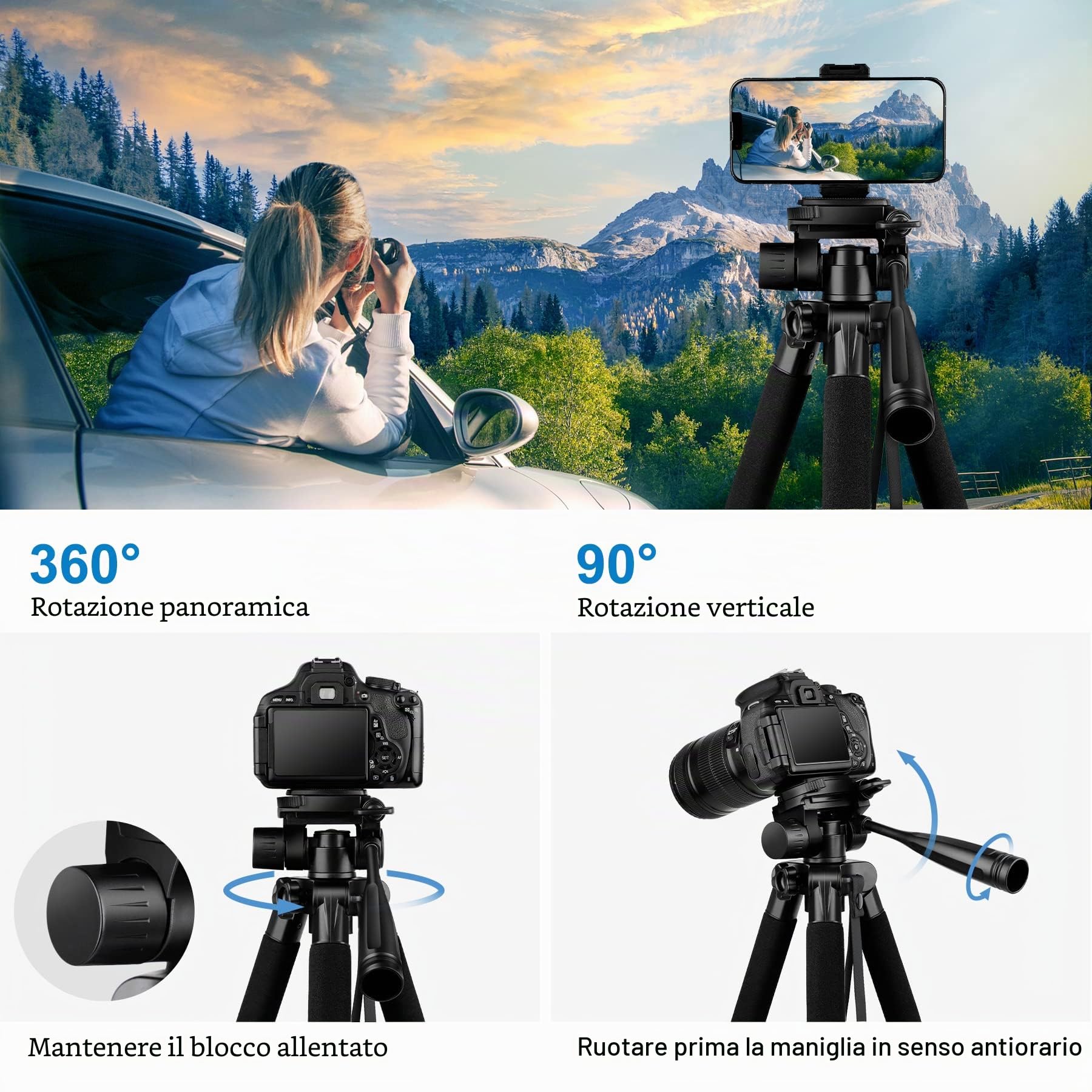 JOILCAN Treppiede Fotocamera 65"/165cm, Treppiedi in Alluminio con Supporto Telefonico & Borsa da Trasporto, Leggero bile Treppiede per Canon/Nikon/Sony/DSLR/Smartphone, Carico Massimo 5,5 kg-Nero