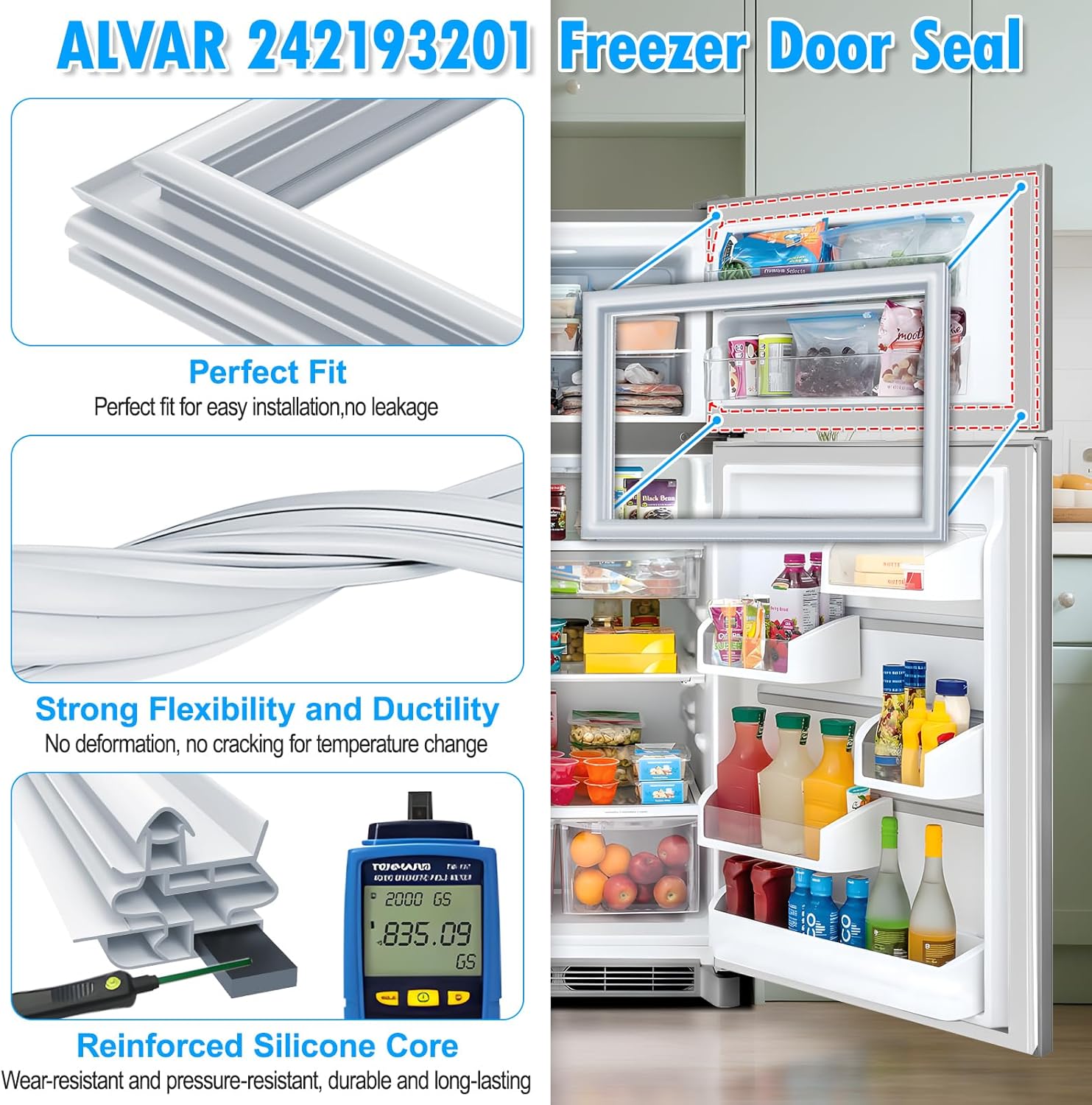 Upgraded 242193201 Freezer Door Gasket Compatible with Frigidaire Refrigerator Freezer Door Gasket White, Crosley Kenmore Refrigerator Door Gasket Freezer Seal 27"x18" PS7321340, 2689594, AP5669862