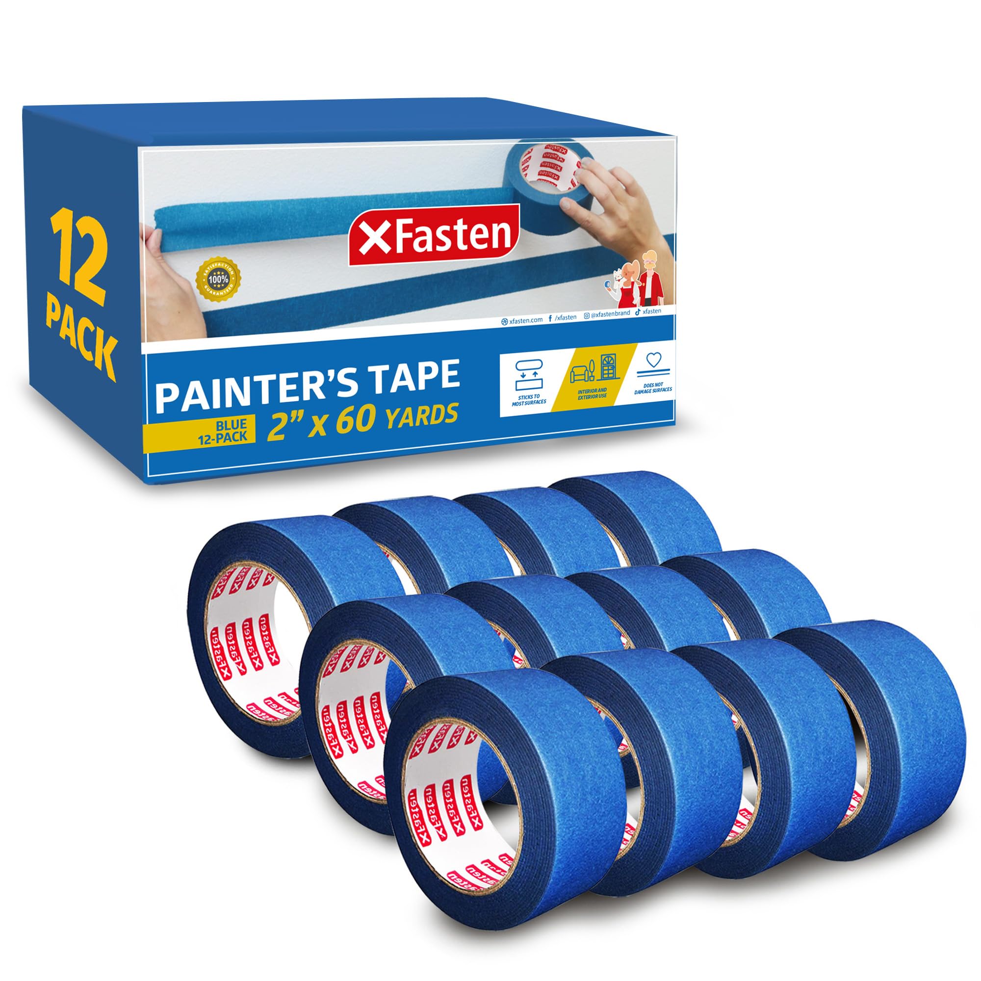 XFastenBlue Painter's Tape, 2 Inch x 60 Yards (12-Pack) Blue Painters Masking Tape Bulk - Sharp Edge Line Technology, Produces Sharp Lines | Residue-Free and Artisan Grade Wall Trim Tape