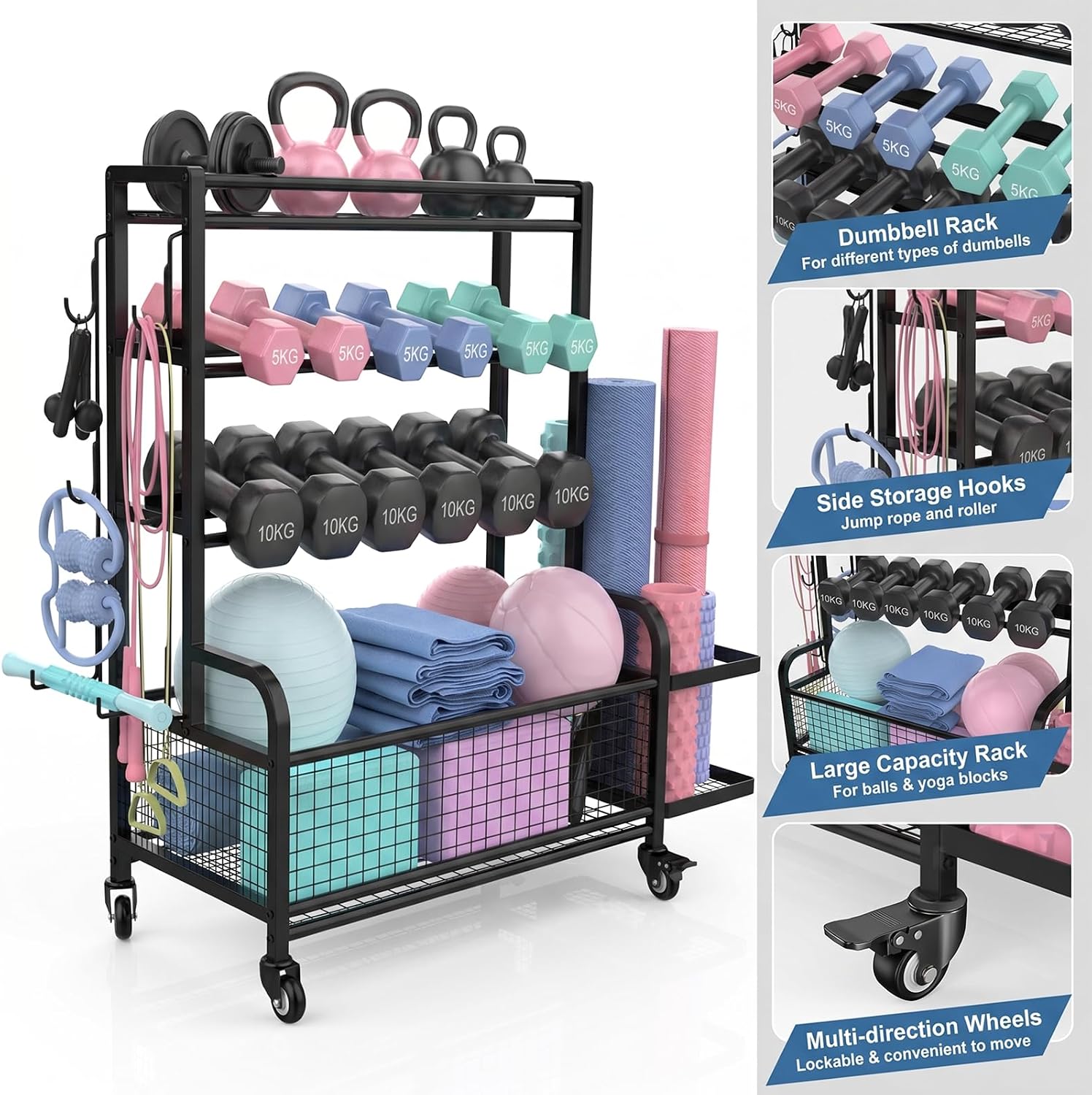 Dumbbell Rack,4-Tie Weight Rack for Dumbbells and Kettlebells, All-in-One Home Gym Storage Organizer with Wheels and Hooks, Steel Workout Equipment Storage for Yoga Mats and Exercise Balls, Black