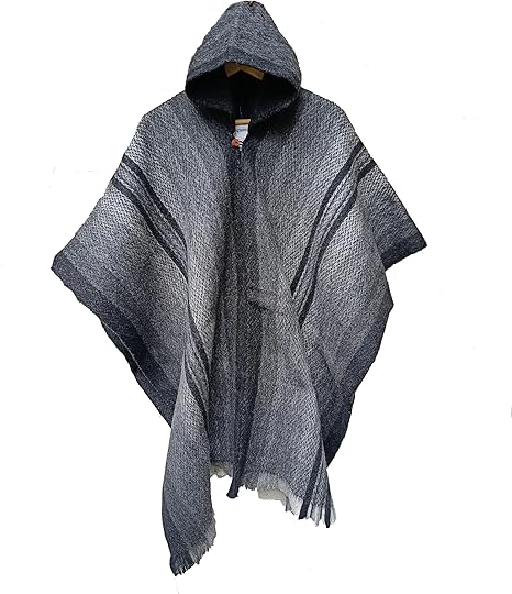 Wigwam Südamerikanischer Poncho - 100% Wolle Handgewebt - Gestreift In Dunkelgrau Mit Kapuze - Made In Ecuador