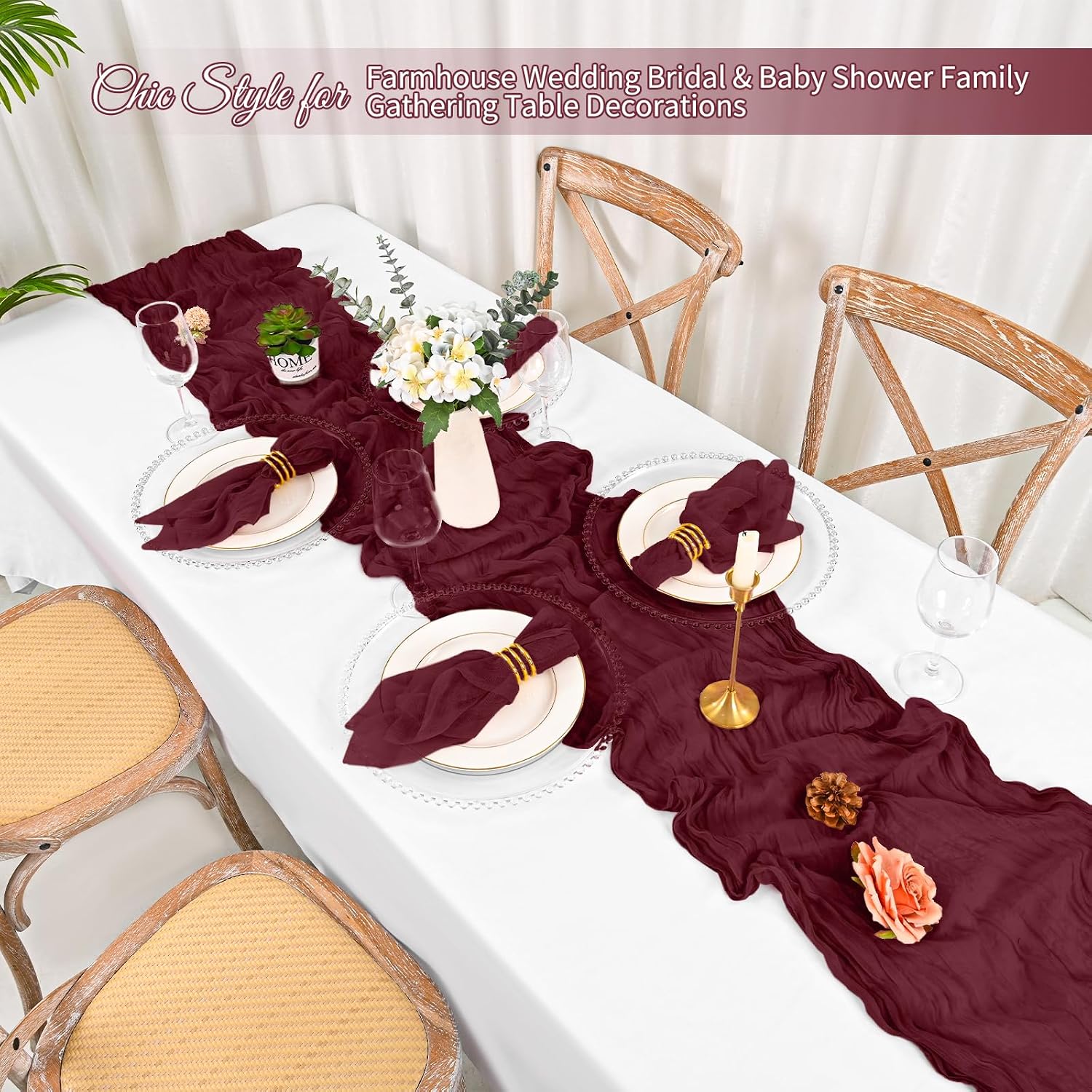 100 Pack Burgundy Napkins Cheesecloth Napkins 20x20 Inch Rustic Boho Gauze Napkin Cloth Bulk Washable Dinner Table Napkin for Wedding Party Bridal Baby Shower Table Decor(Burgundy)