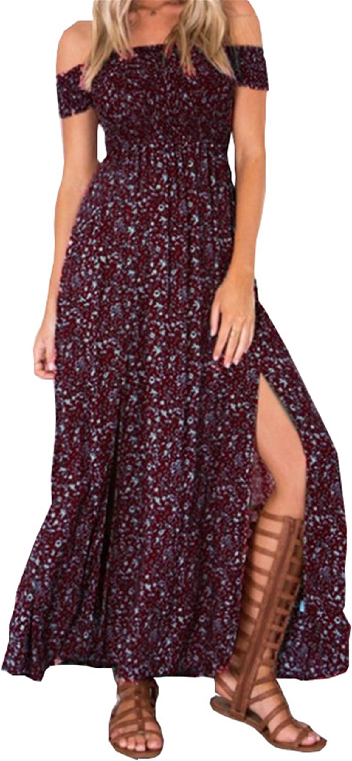 Sexy strapless beach summer dress sundresses Vintage tunika maxi dress Boho floral women split long dress vestidos de fiesta dark red S