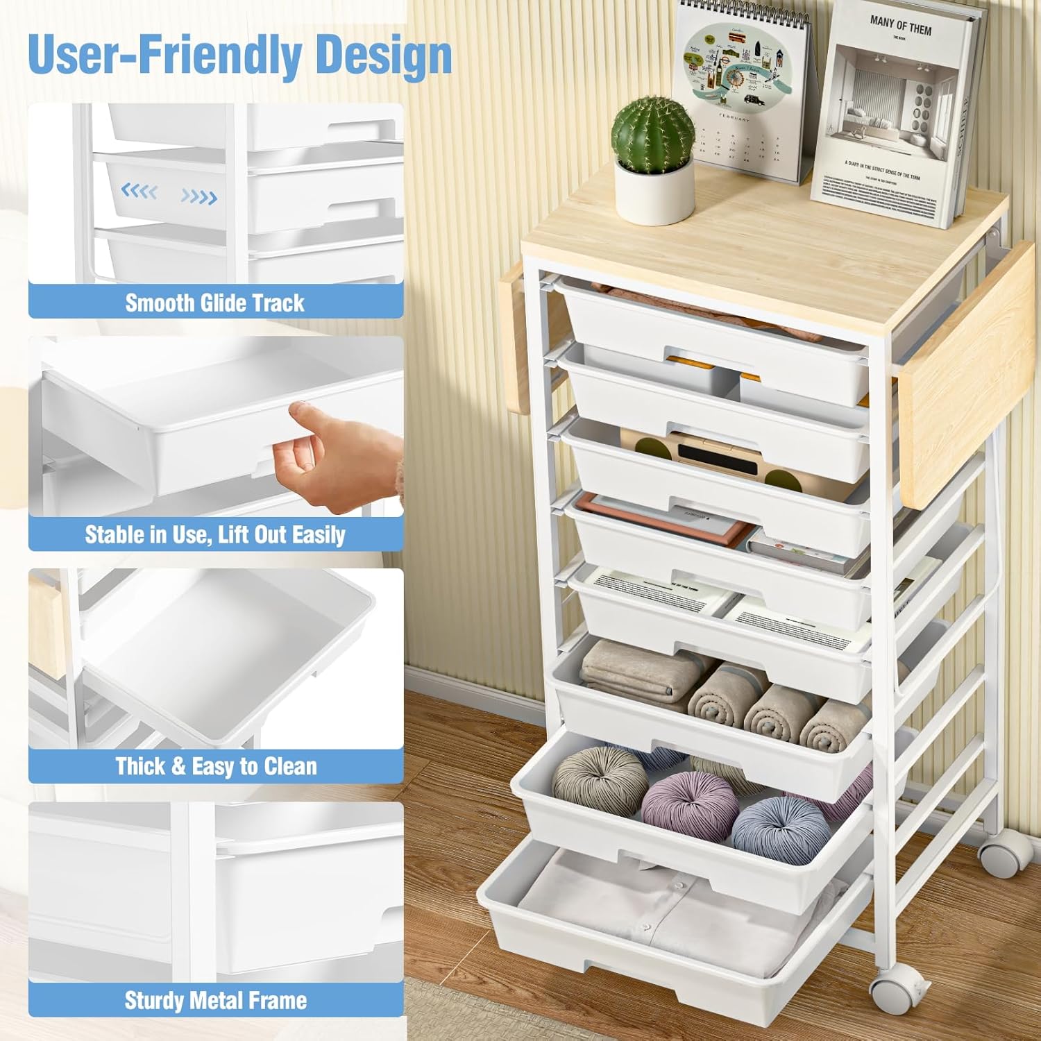 Rolling Storage Cart with Drawers, Shrivee Utility Cart with 8 Drawers and Wheels, Plastic Organizer Cart with Wooden Tabletop and 2 Side Panel for Home Office Dorm Craft - Image 3