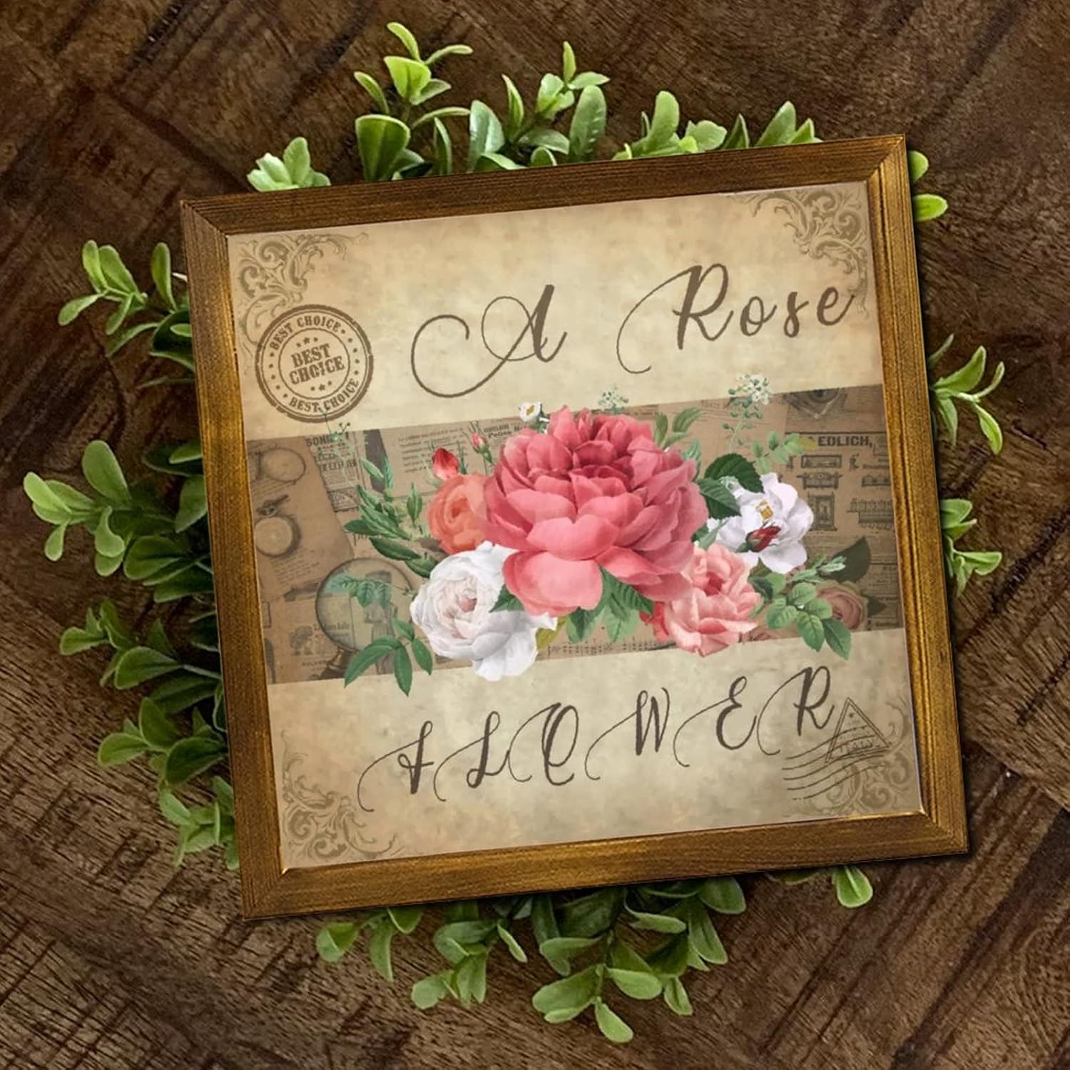 Vintage French Rose Flower Wood Framed Signs Retro Newspaper Music Note Wood Sign Plaque Retro Botanical Artwork Wood Home Wall Decoration for Home Front Door Entryway Porch 12x12 inch