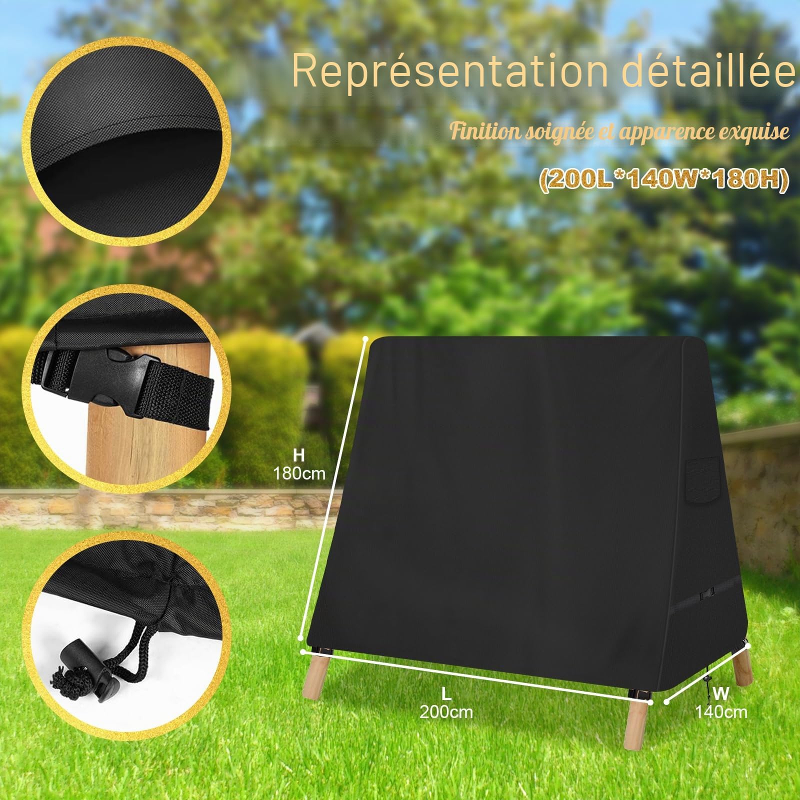 Housse de BalançOire D'ExtéRieur en Forme de A Tissu Oxford 600D Robuste avec Boucles,ImperméAble,Résistant Aux UV Housse de Protection pour Balancelle Hollywoodienne (200 * 140cm,Schwarz)