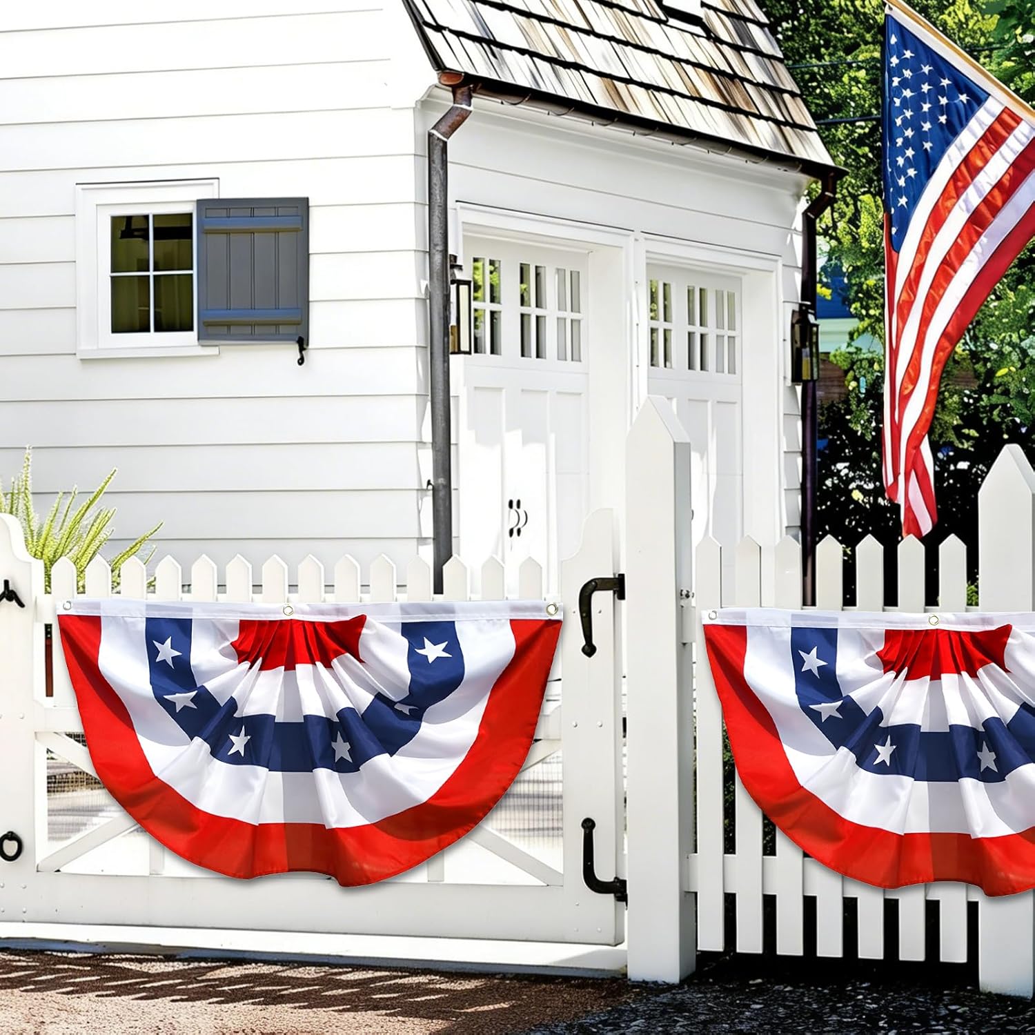 4 Pack 3 x 6 FT American Pleated Fan Flag with Red White Blue Star Panels, Patriotic USA Bunting Half Circle Flags for Porch Railing Fence Balcony Home, Independence Day 4th of July Outdoor Decor